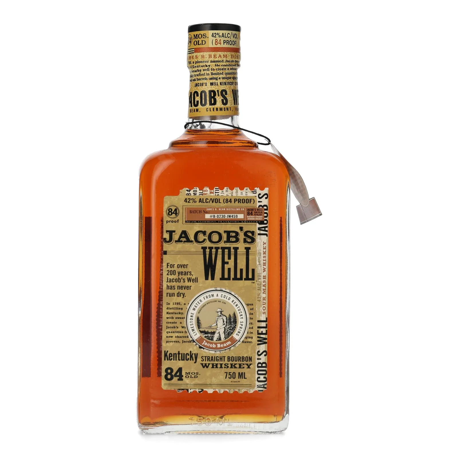 James B. Beam Jacob's Well 7 Year Old, New Charred Oak Cask, Batch No. B-0230-JW459, 42% whisky bottle