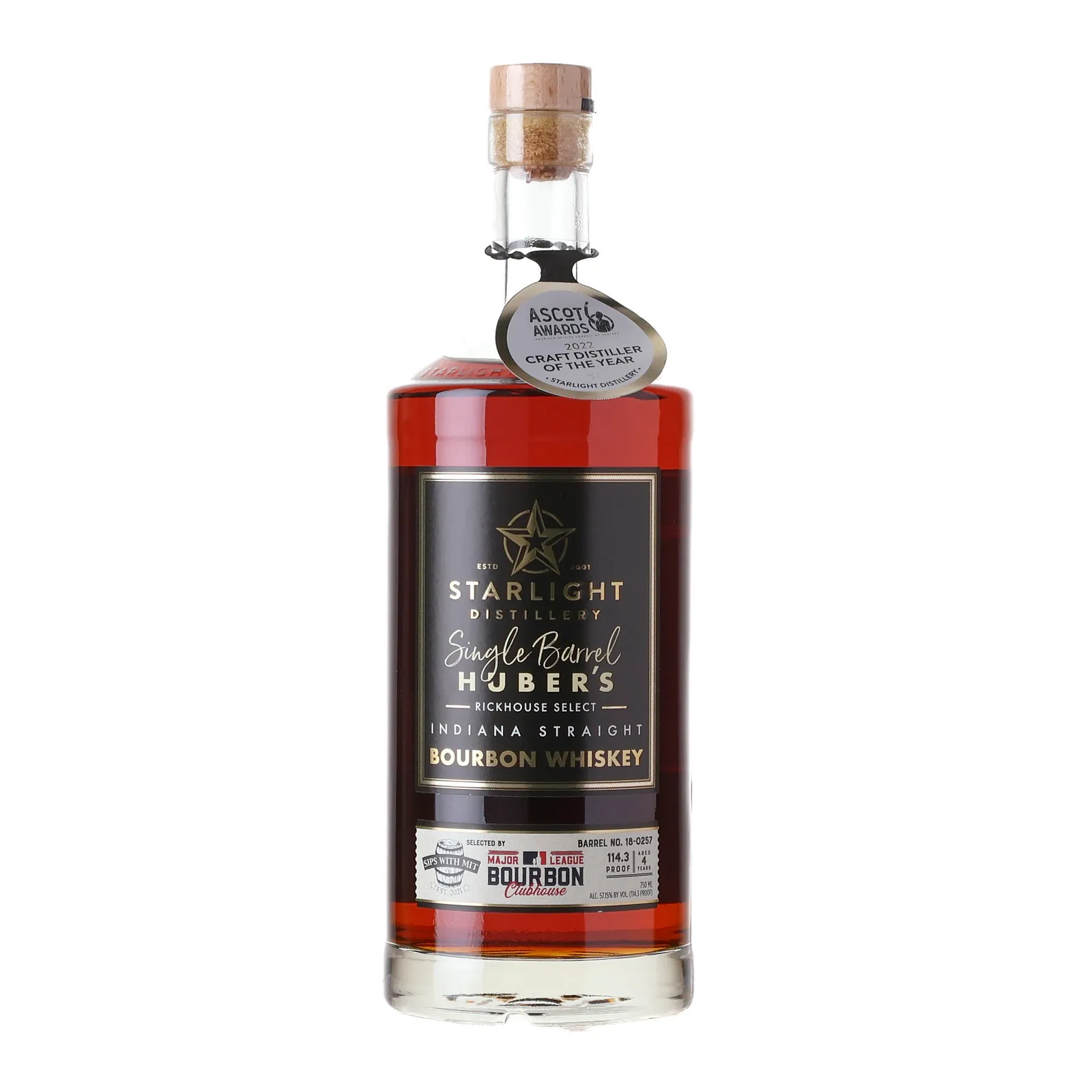 Starlight Huber's Rickhouse Select Single Barrel 'Major League Bourbon Clubhouse' 4 Year Old, Cask #18-0257, 57.15% whisky bottle