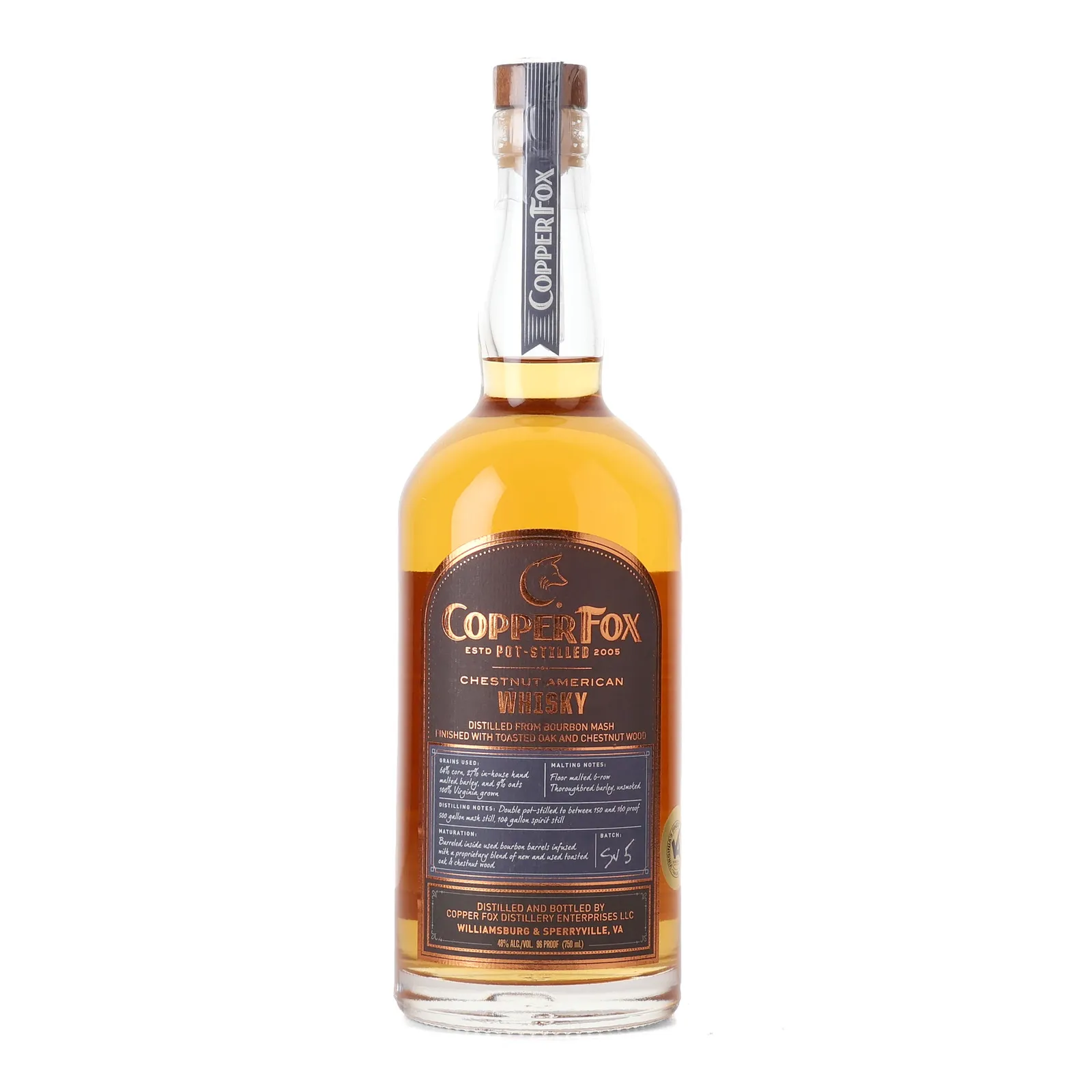 Copper Fox Chestnut American Whisky, Bourbon Cask, Batch No. 5, 48% whisky bottle