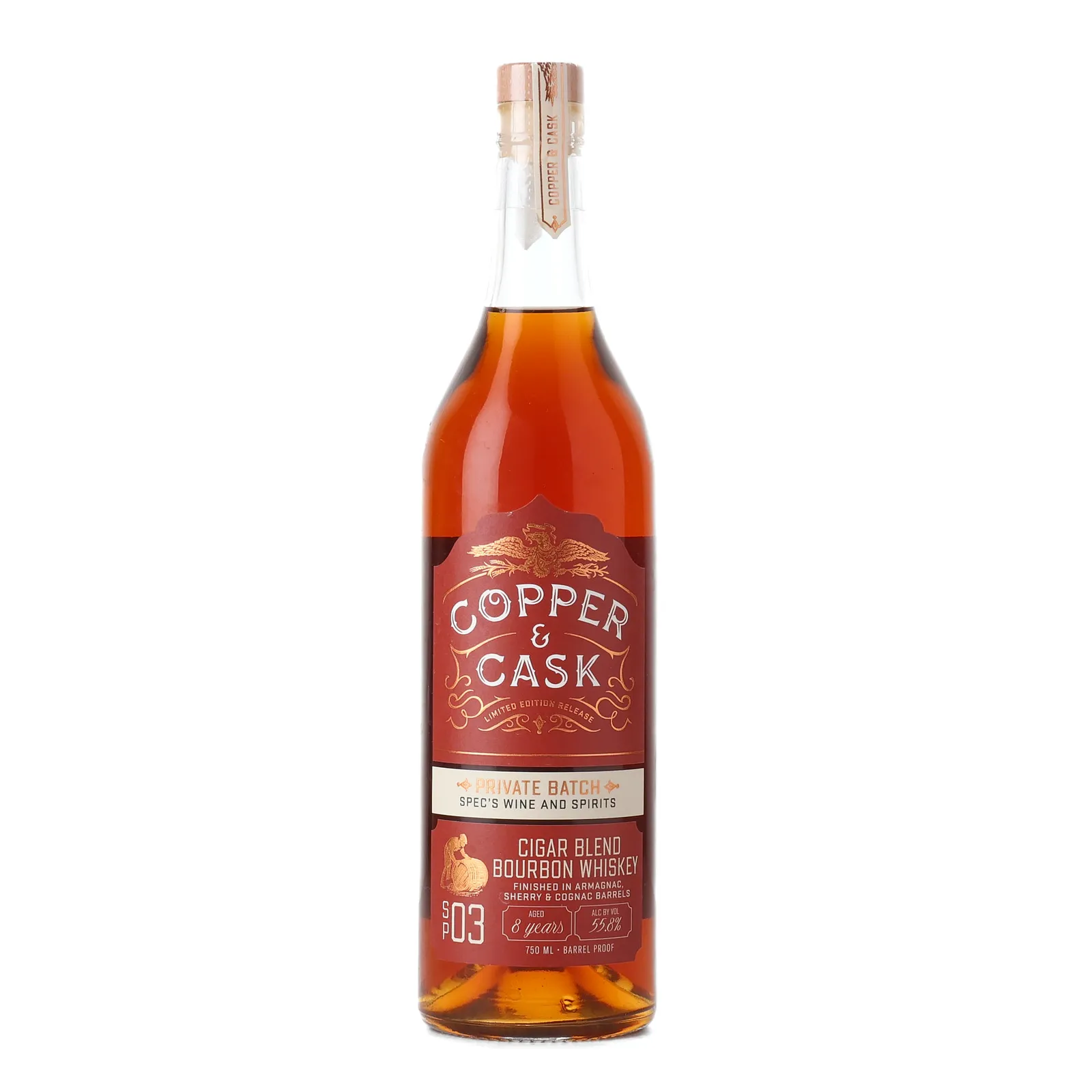 MGP Cigar Blend Barrel Proof Bourbon 'Spec's' Private Barrel Selection 8 Year Old, Cognac & Sherry Cask, Batch No. 03, Copper & Cask, 55.8% whisky bottle