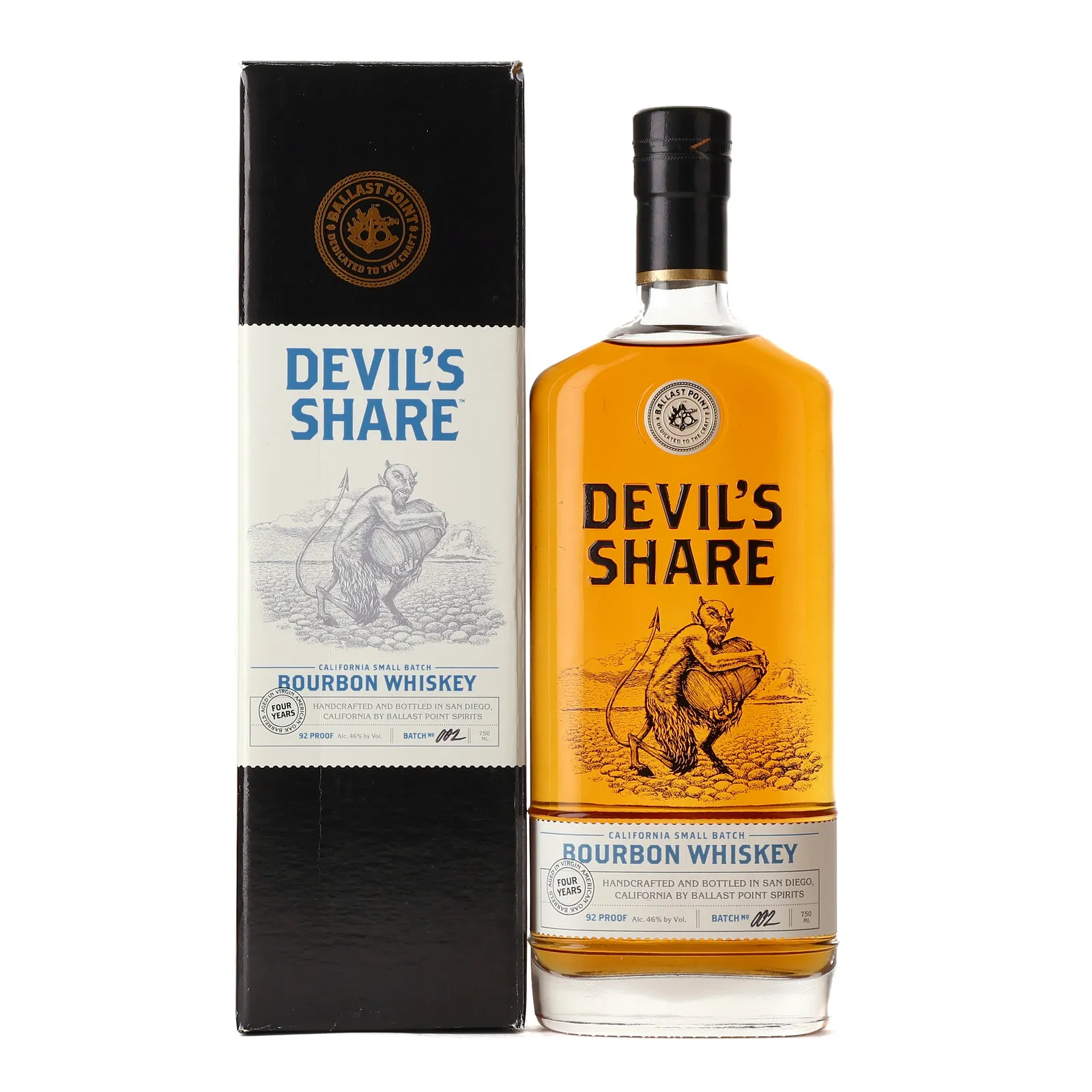 Ballast Point Devil's Share Small Batch No. California Bourbon 4 Year Old, Virgin American Oak Cask, Batch No. 002, 46% whisky bottle