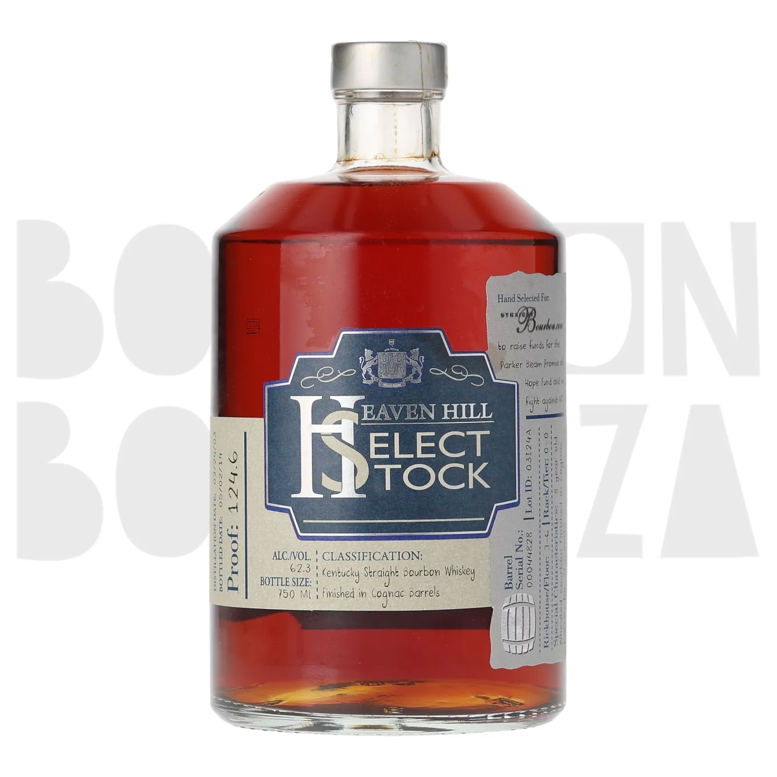 Heaven Hill Select Stock Finished in Cognac Barrels StraightBourbon.com Private Barrel Selection 8 Year Old, Cognac Cask, Cask #00004828, Lot ID: 03I24A, 2014, 62.3% whisky bottle