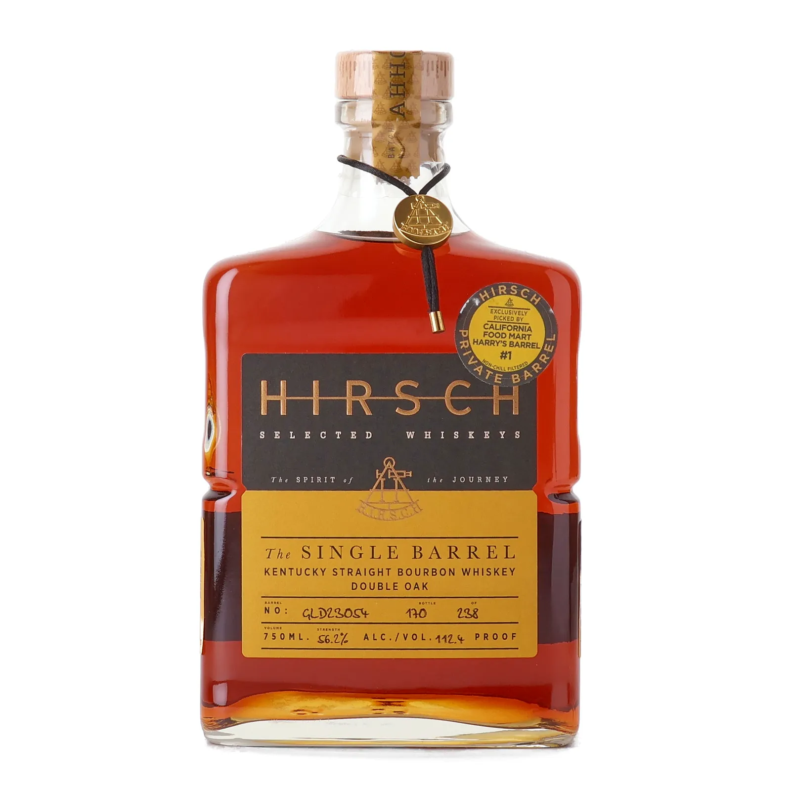 Hirsch The Single Barrel Double Oak California Food Mart Harry's Barrel No. 1 9 Year Old, Cask #GLD23054, AHH0723, 2023, 56.2% whisky bottle