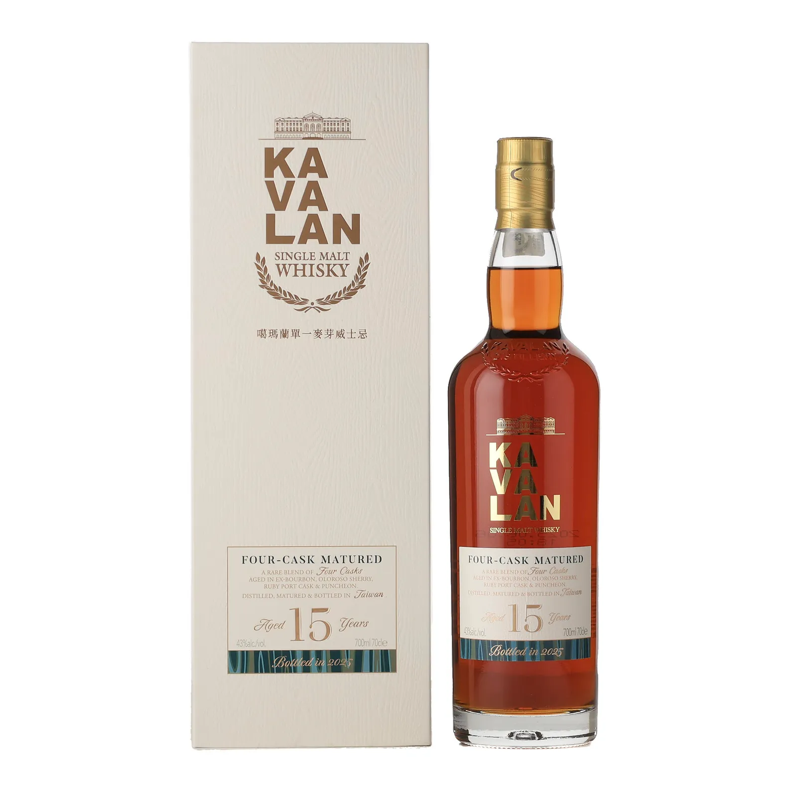Kavalan 15 Year Old Four Cask Matured, Bourbon & Oloroso Sherry & Ruby Port & Puncheon Cask, 2025, 43% whisky bottle