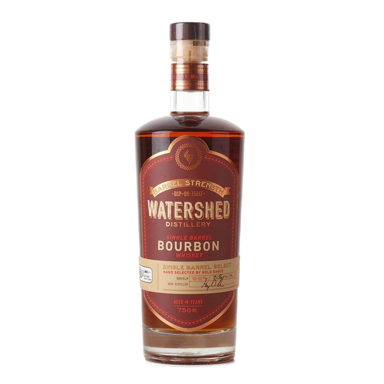 Watershed Single Barrel Bourbon 4 Year Old, Custom Char #5 Cask, Cask #18-0019, 71% whisky bottle