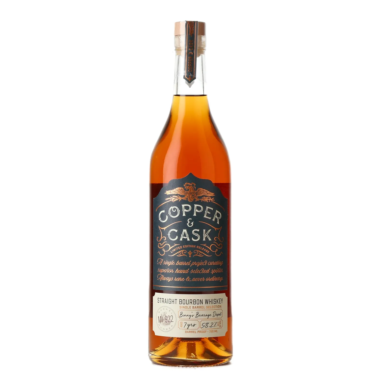 Copper & Cask Binny's Beverage Depot Single Barrel Selection 7 Year Old, Cask #MI-922, 2017, Latitude Beverage Co., 58.2% whisky bottle