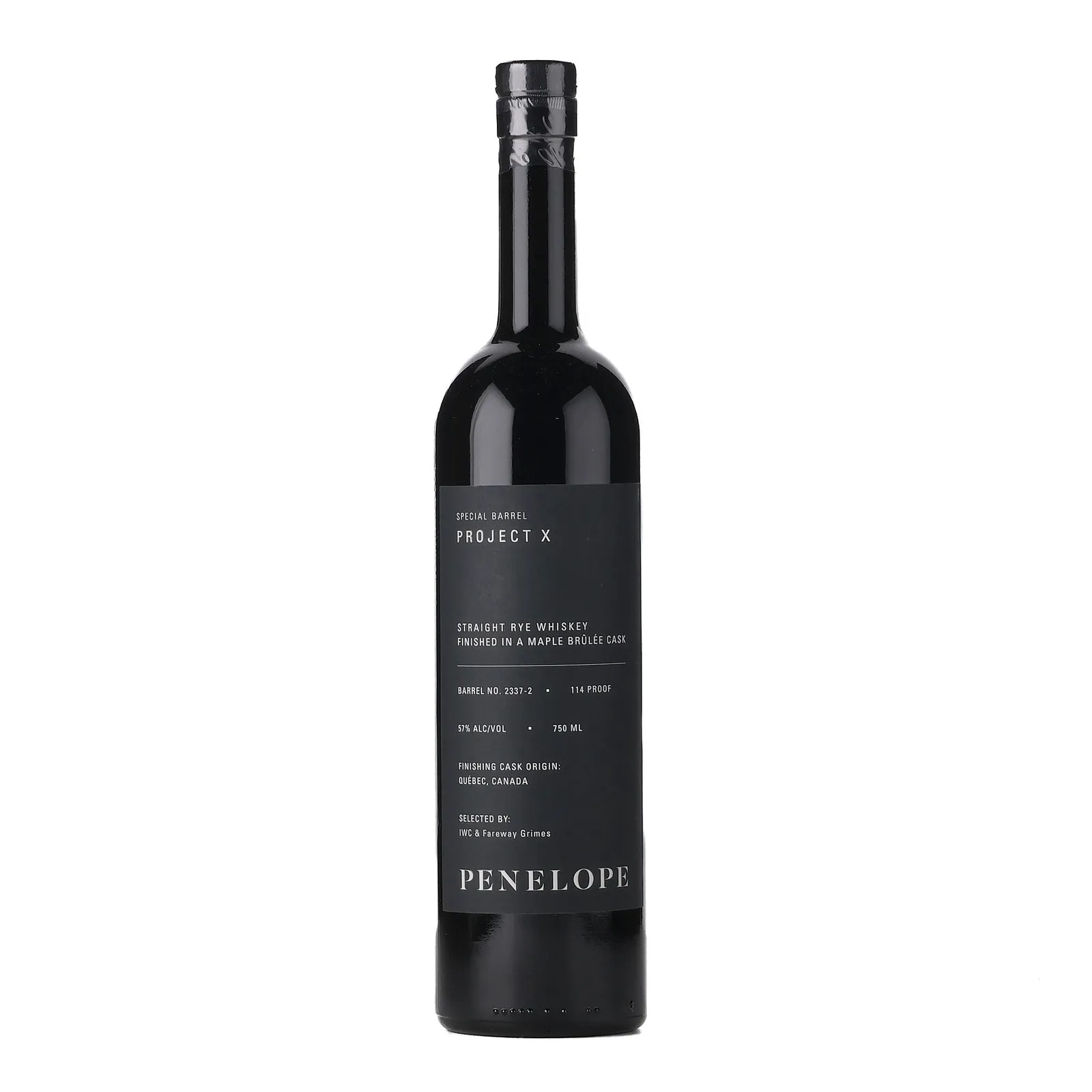 Penelope Project X Special Barrel Straight Rye Whiskey, Maple Brûlée Cask, Cask #2337-2, IWC & Fareway Grimes, 57% whisky bottle