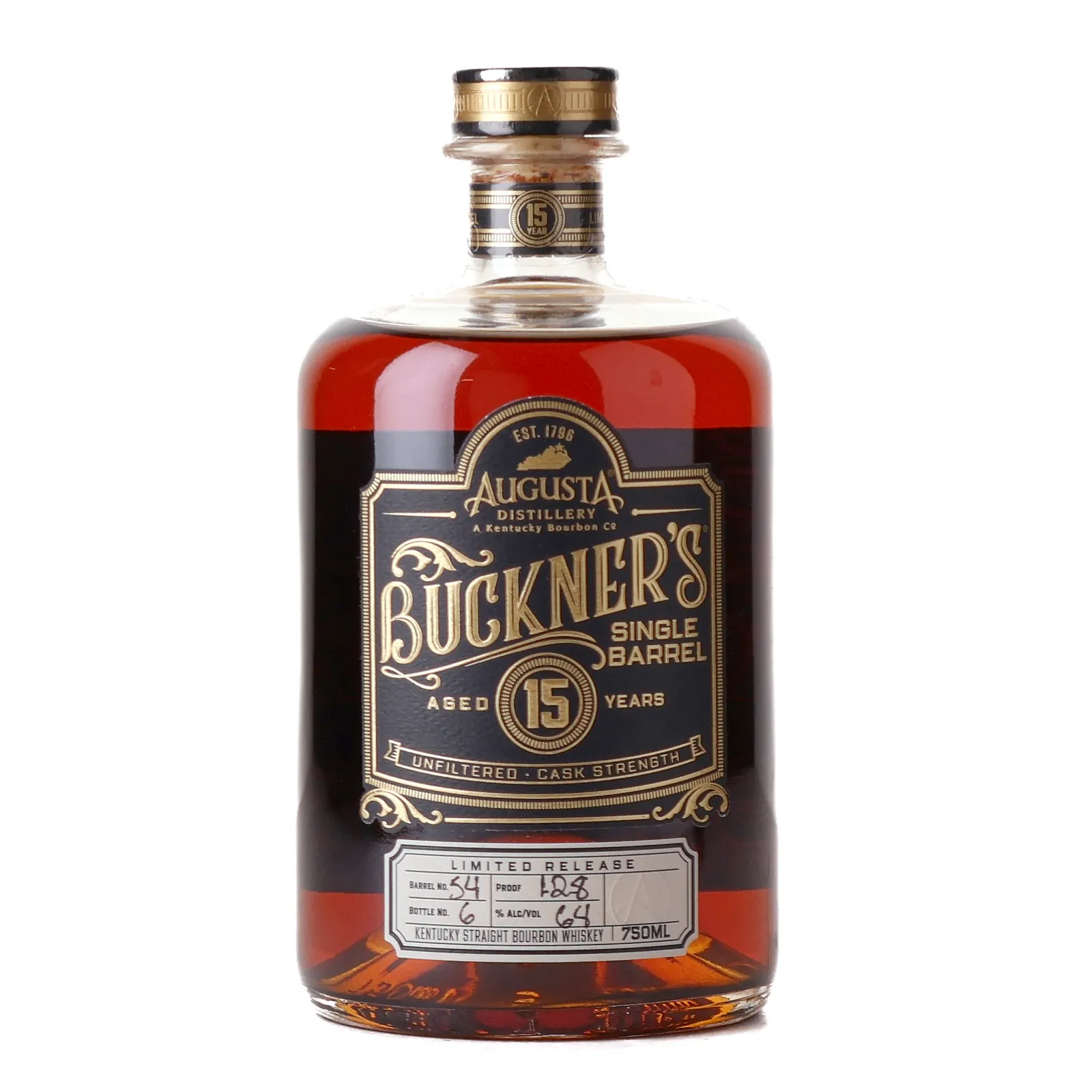 Augusta Distillery Buckner's 15 Year Old, New Charred American Oak Cask, Cask #54, 64% whisky bottle