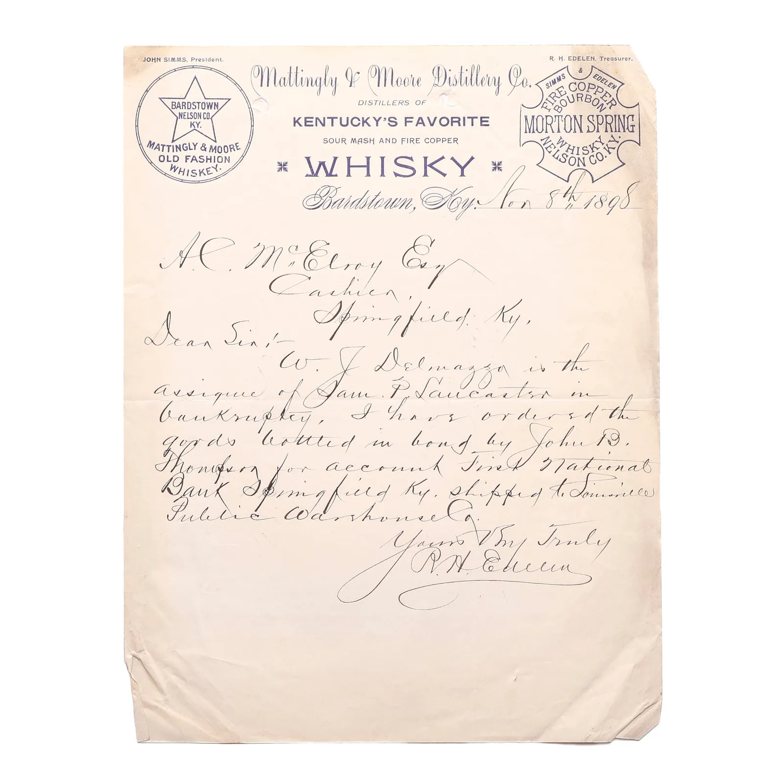 Mattingly & Moore Pre-Prohibition Letter whisky bottle