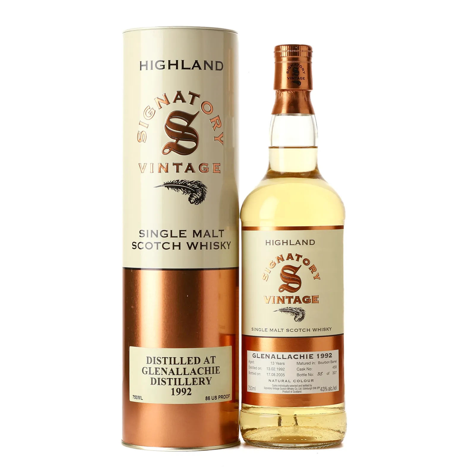 Glenallachie 13 Year Old, Bourbon Cask, Cask #459, 1992, Signatory Vintage, 43% whisky bottle