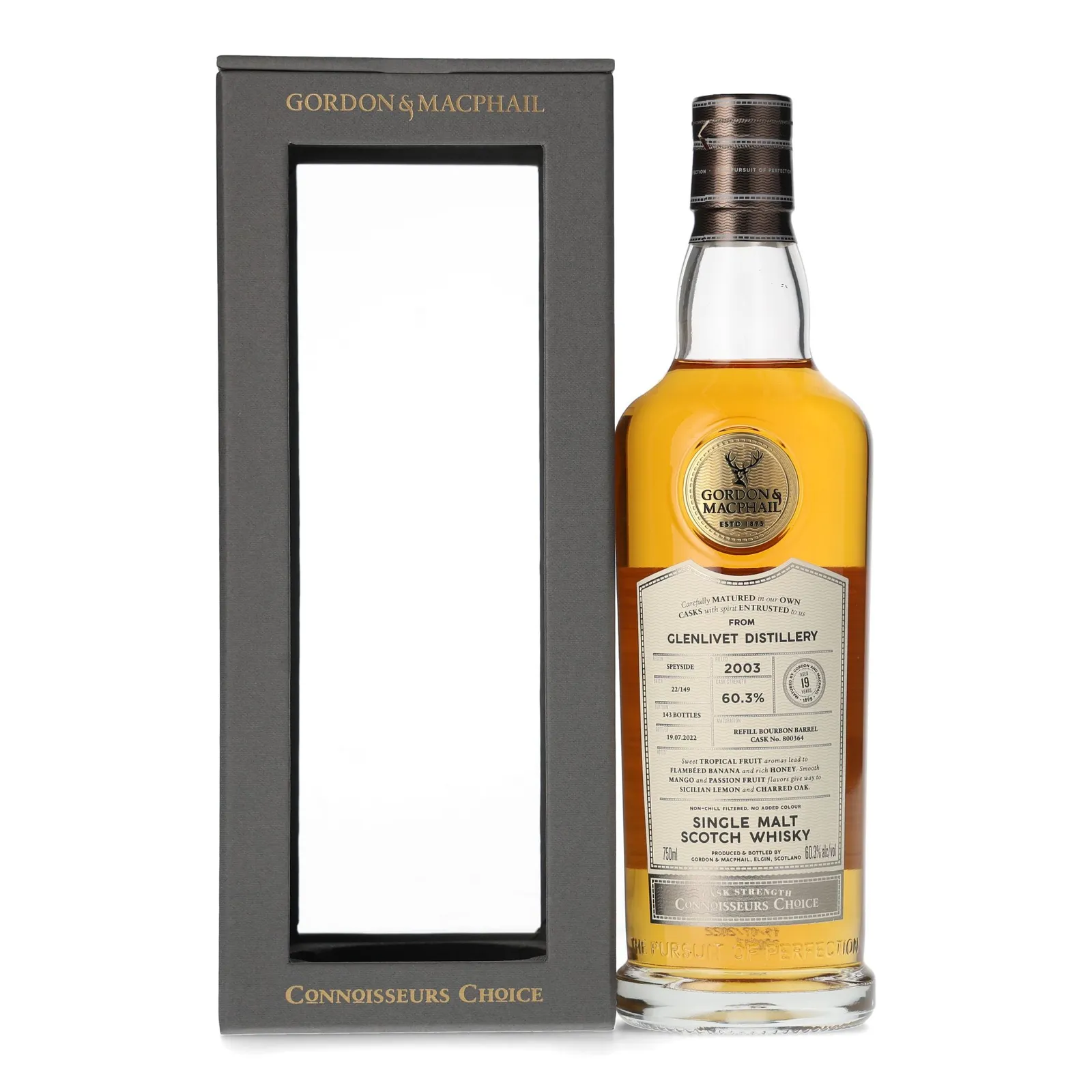 Glenlivet Connoisseurs Choice Cask Strength 19 Year Old, Bourbon Cask, Cask #800364, Batch No. 22/149, 2003, Gordon & MacPhail, 60.3% whisky bottle