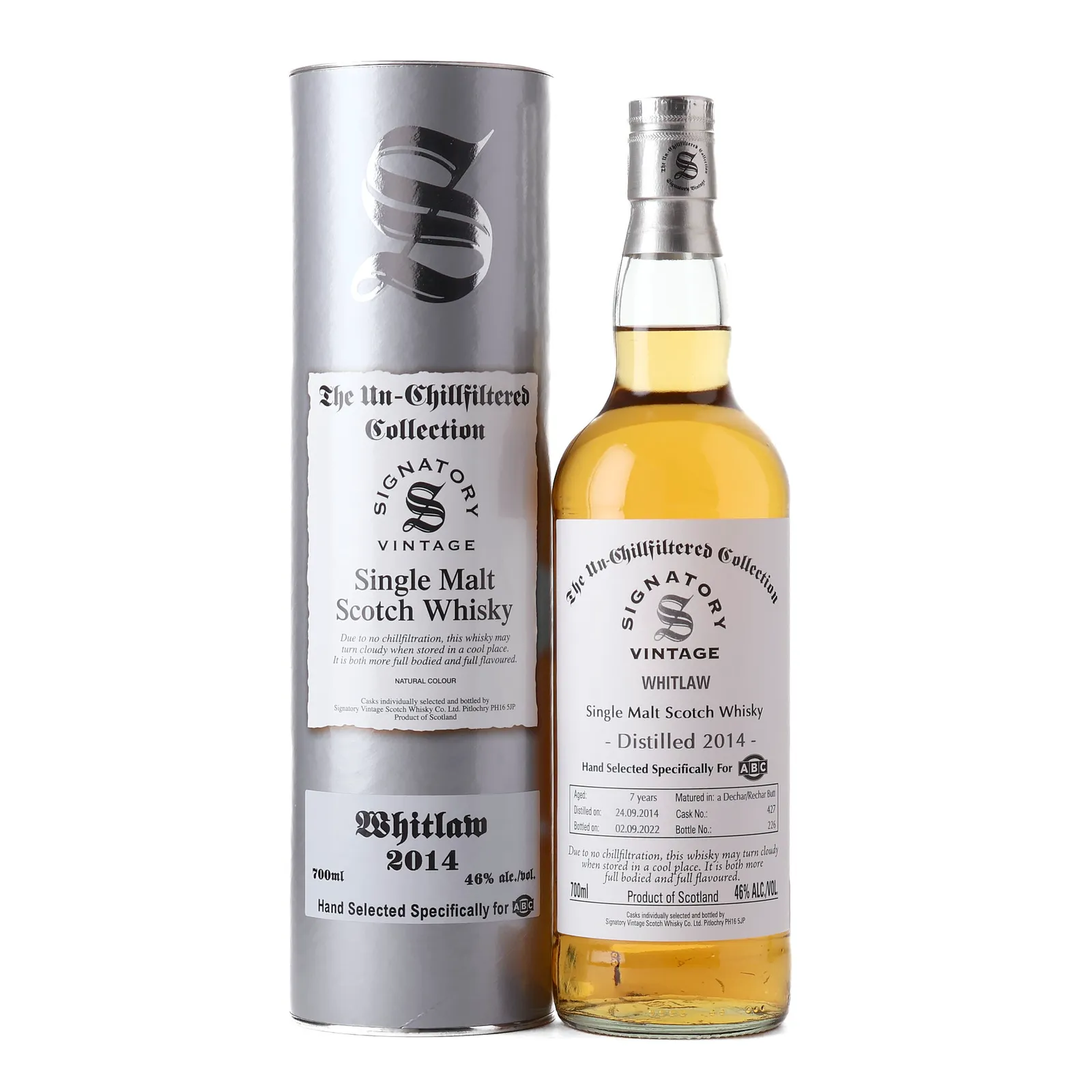 Whitlaw The Un-Chillfiltered Collection 7 Year Old, Dechar/Rechar Butt Cask, Cask #427, 2014, Signatory Vintage, 46% whisky bottle