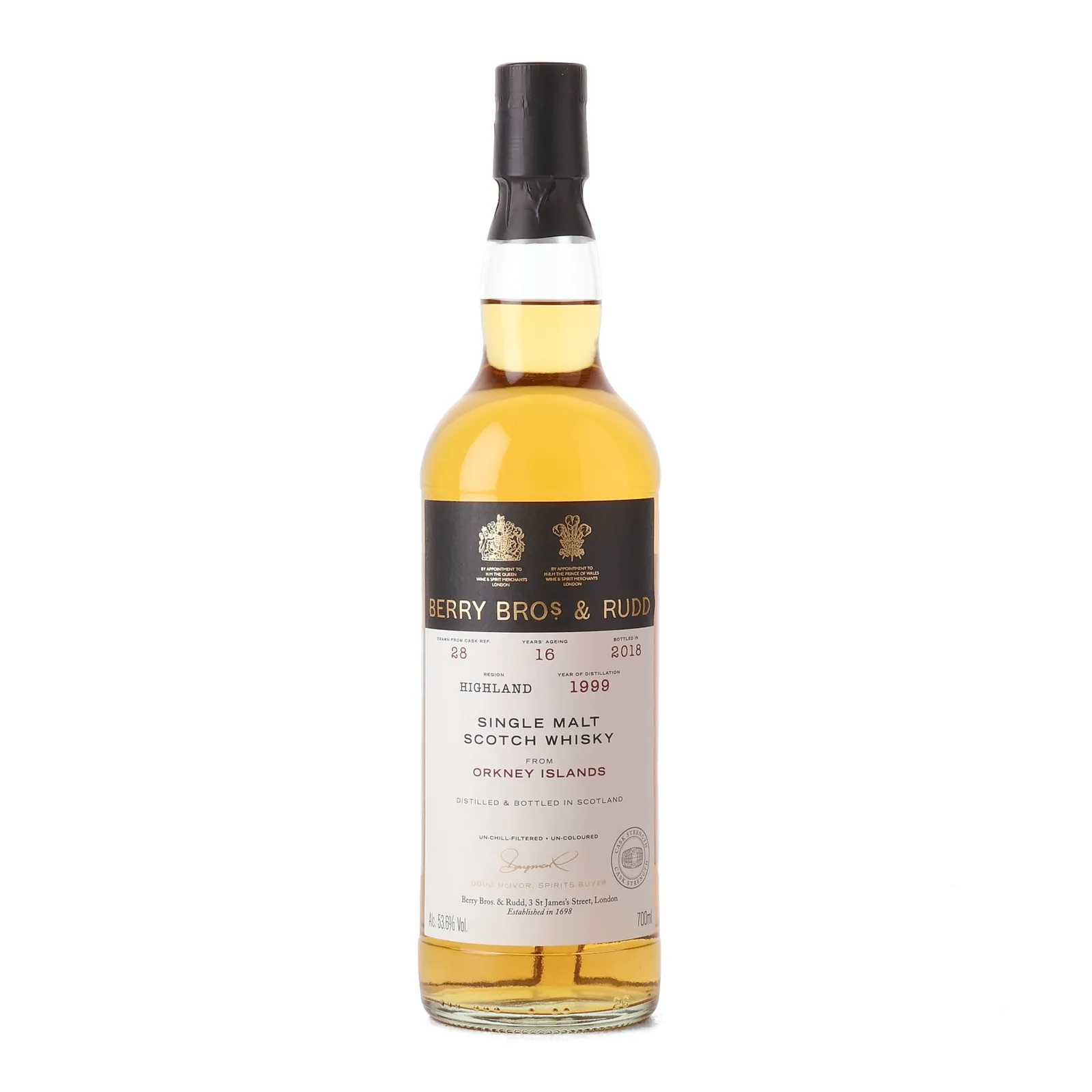 Orkney Single Malt 16 Year Old, Sherry Cask, Cask #28, 1999, Berry Bros & Rudd, 53.6% whisky bottle