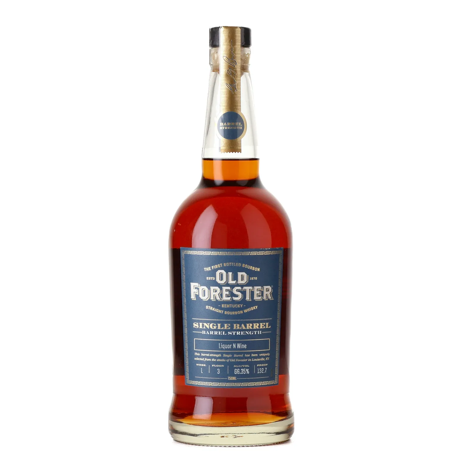 Old Forester Single Barrel Barrel Strength Liquor N Wine Selection, 66.35% whisky bottle