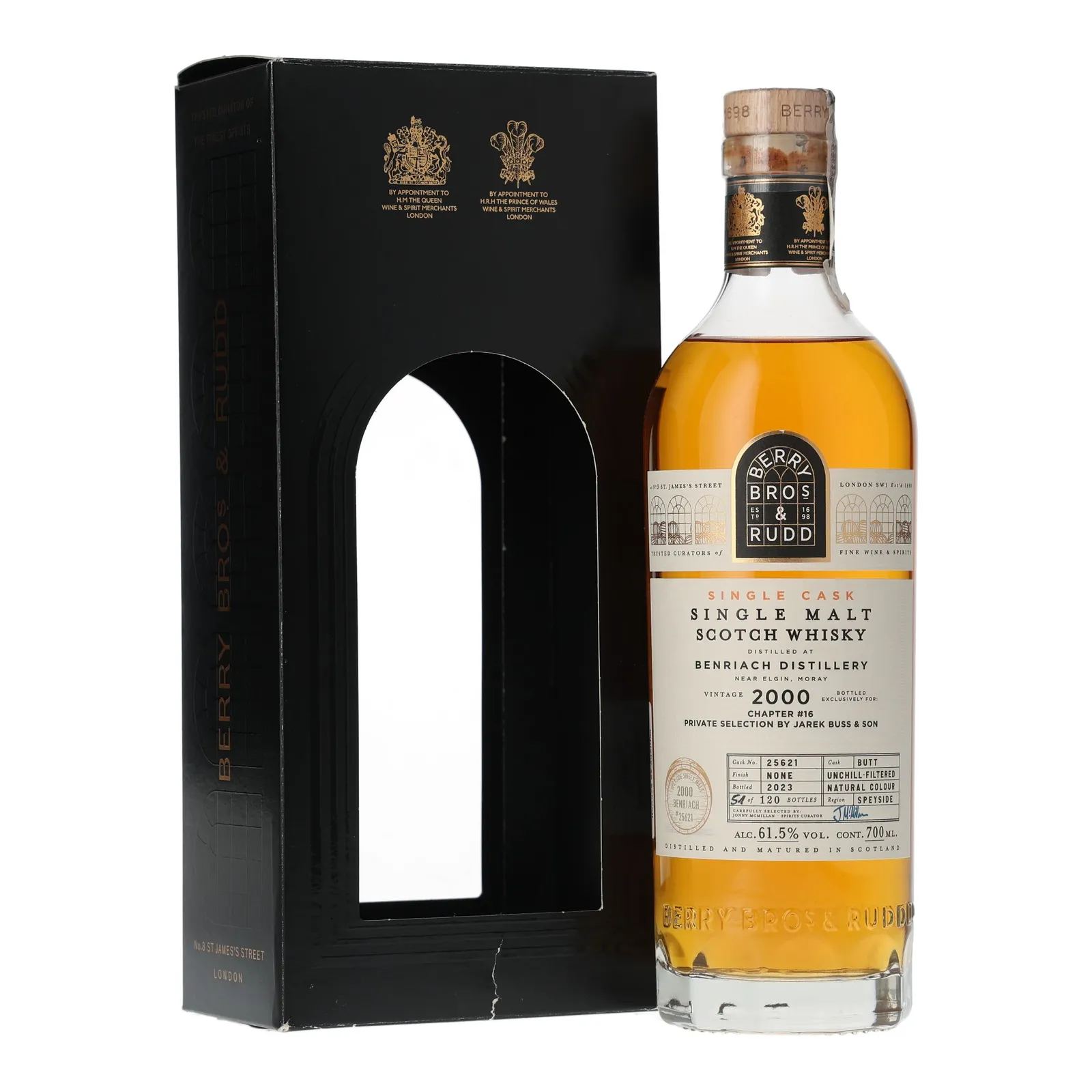 BenRiach Chapter No. 16 Private Selection for Jarek Buss & Son 23 Year Old, Sherry Butt Cask, Cask #25621, 2000, Berry Bros & Rudd, 61.5% whisky bottle