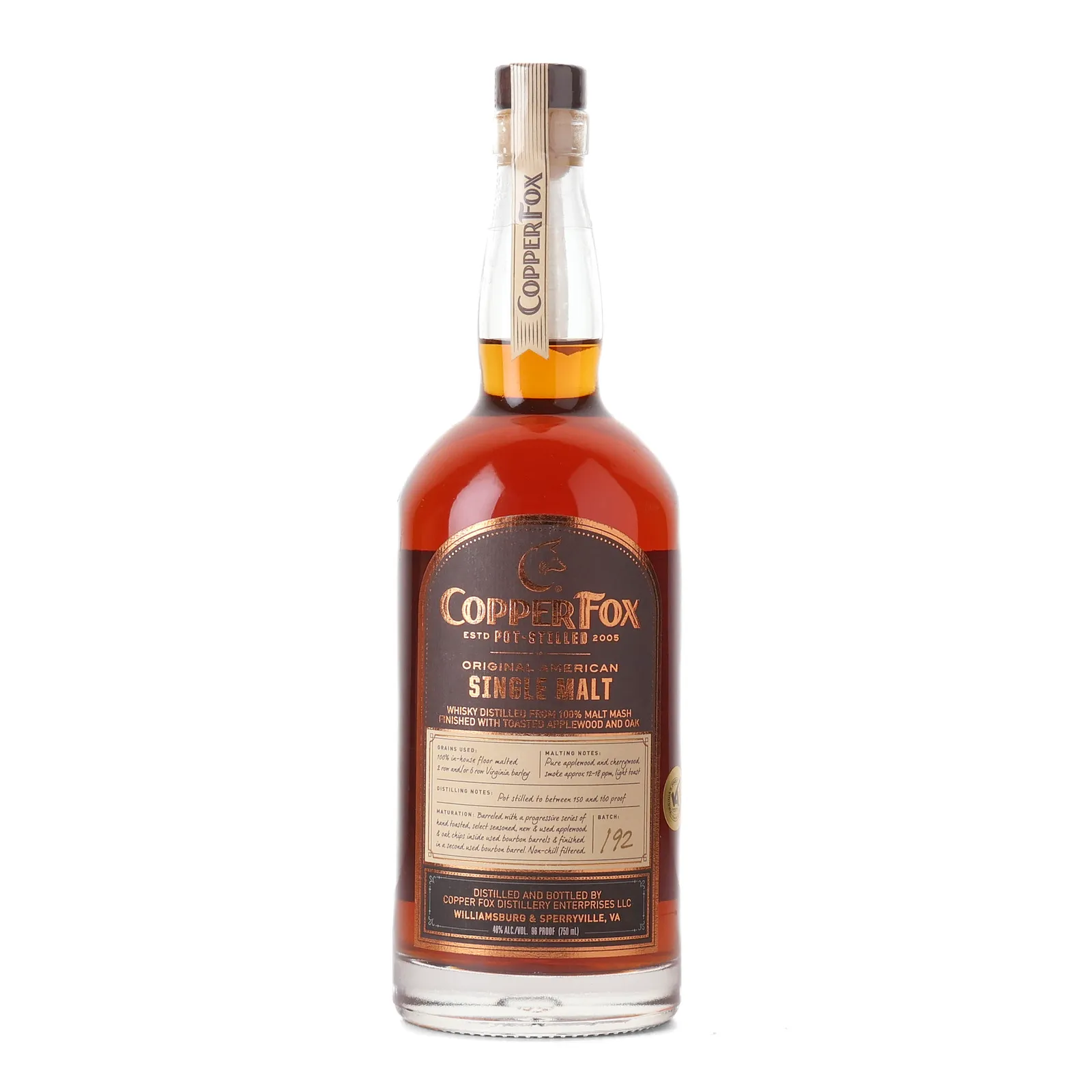 Copper Fox Original American Single Malt, Bourbon Cask, Batch No. 192, 48% whisky bottle