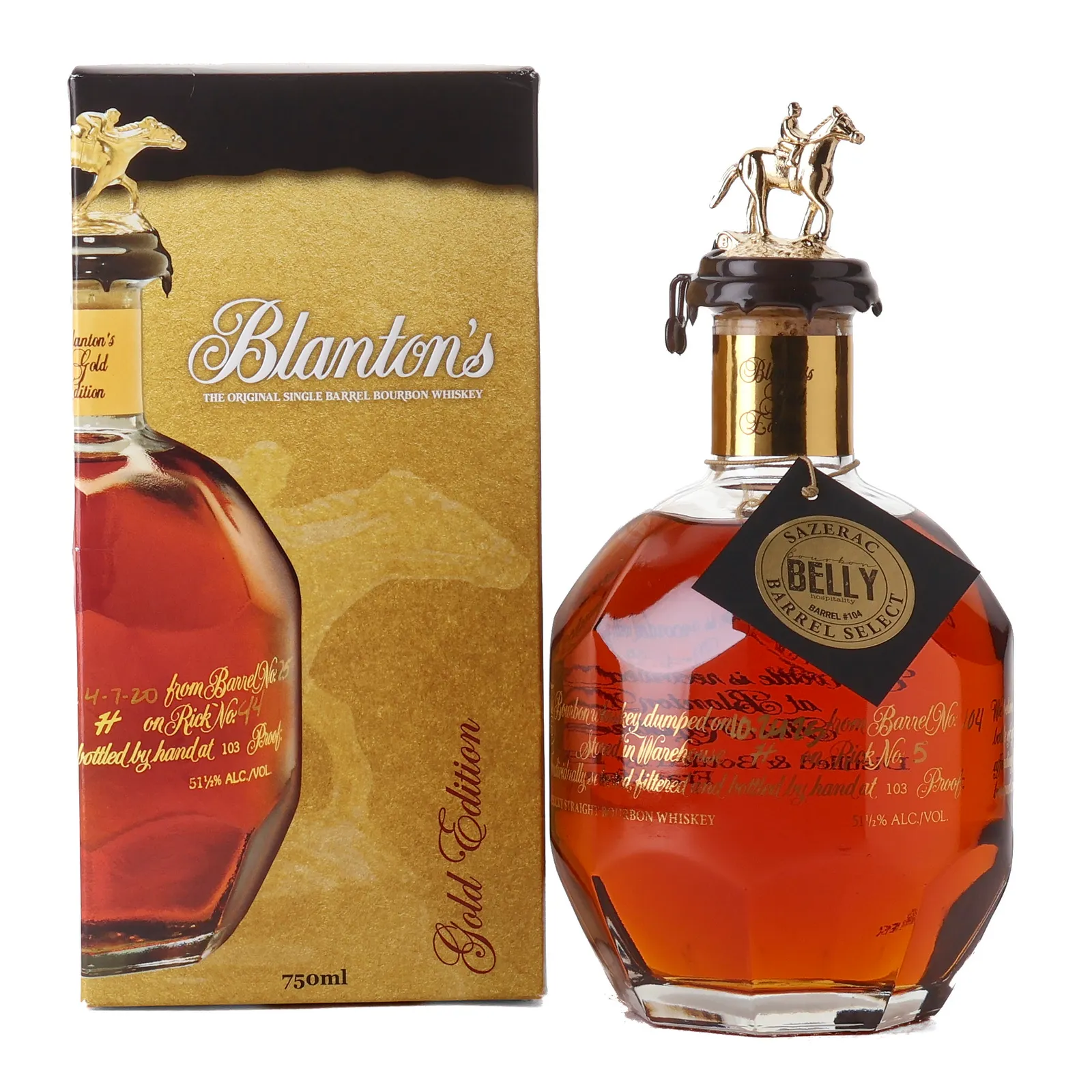 Blanton's Gold Edition 'Bourbon Belly Hospitality' Private Barrel Selection, New Charred Oak Cask, Cask #104, Letter B, 2025, 51.5% whisky bottle