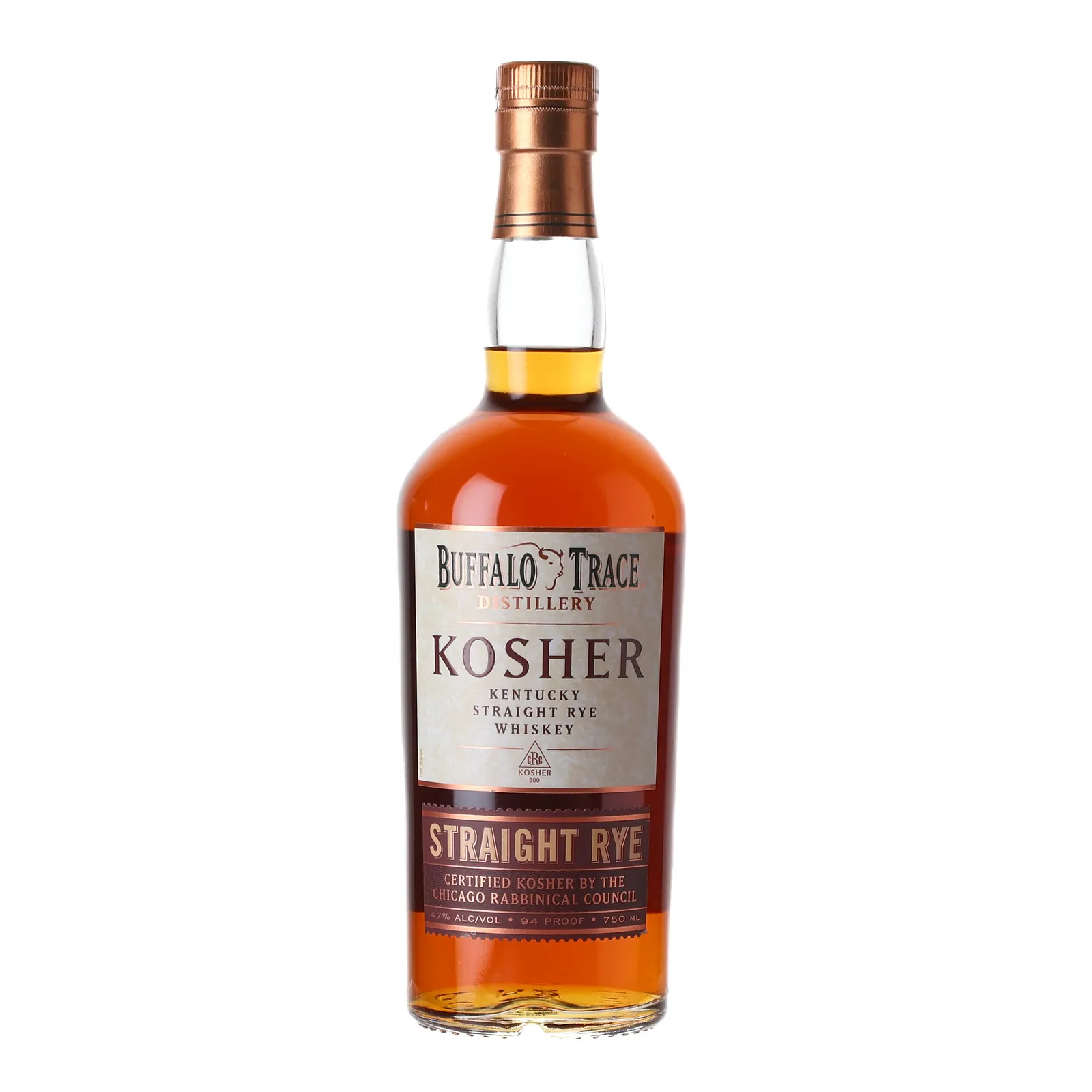 Buffalo Trace Kosher Straight Rye Whiskey 7 Year Old, 2025, 47% whisky bottle