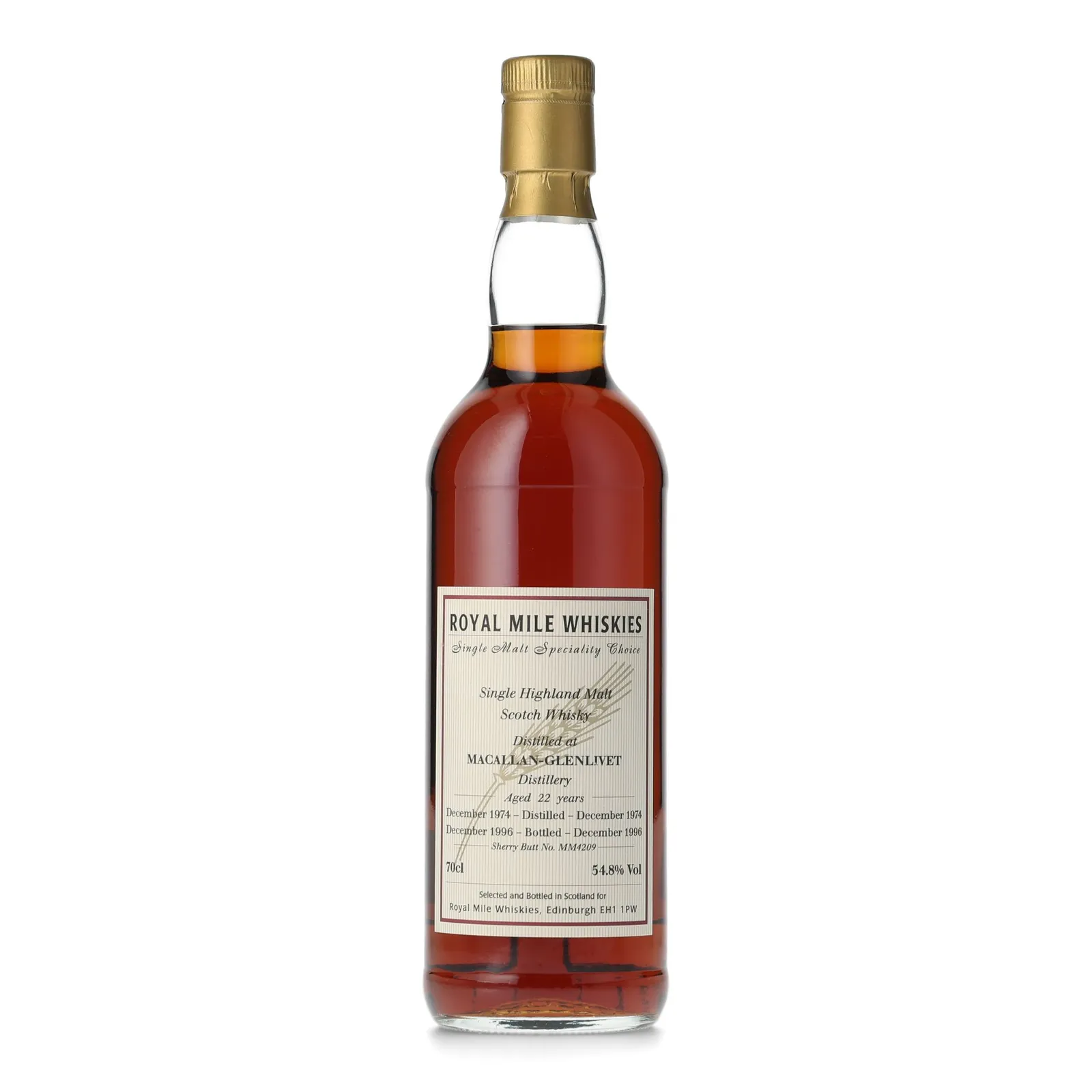 Macallan Single Malt Speciality Choice 22 Year Old, Sherry Cask, Cask #MM4209, 1974, Royal Mile Whiskies, 54.8% whisky bottle