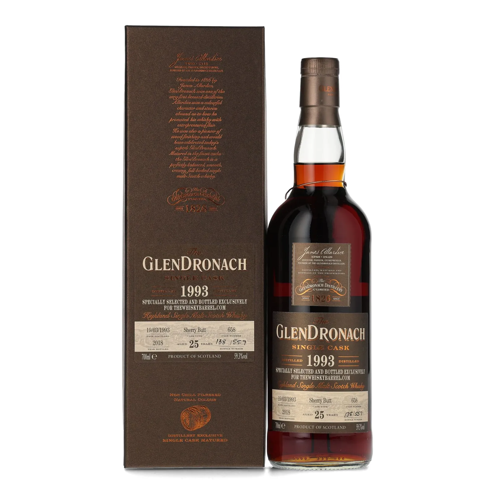 Glendronach The Whisky Barrel Private Barrel Selection 25 Year Old, Sherry Cask, Cask #658, 1993, The Whisky Barrel, 59.3% whisky bottle