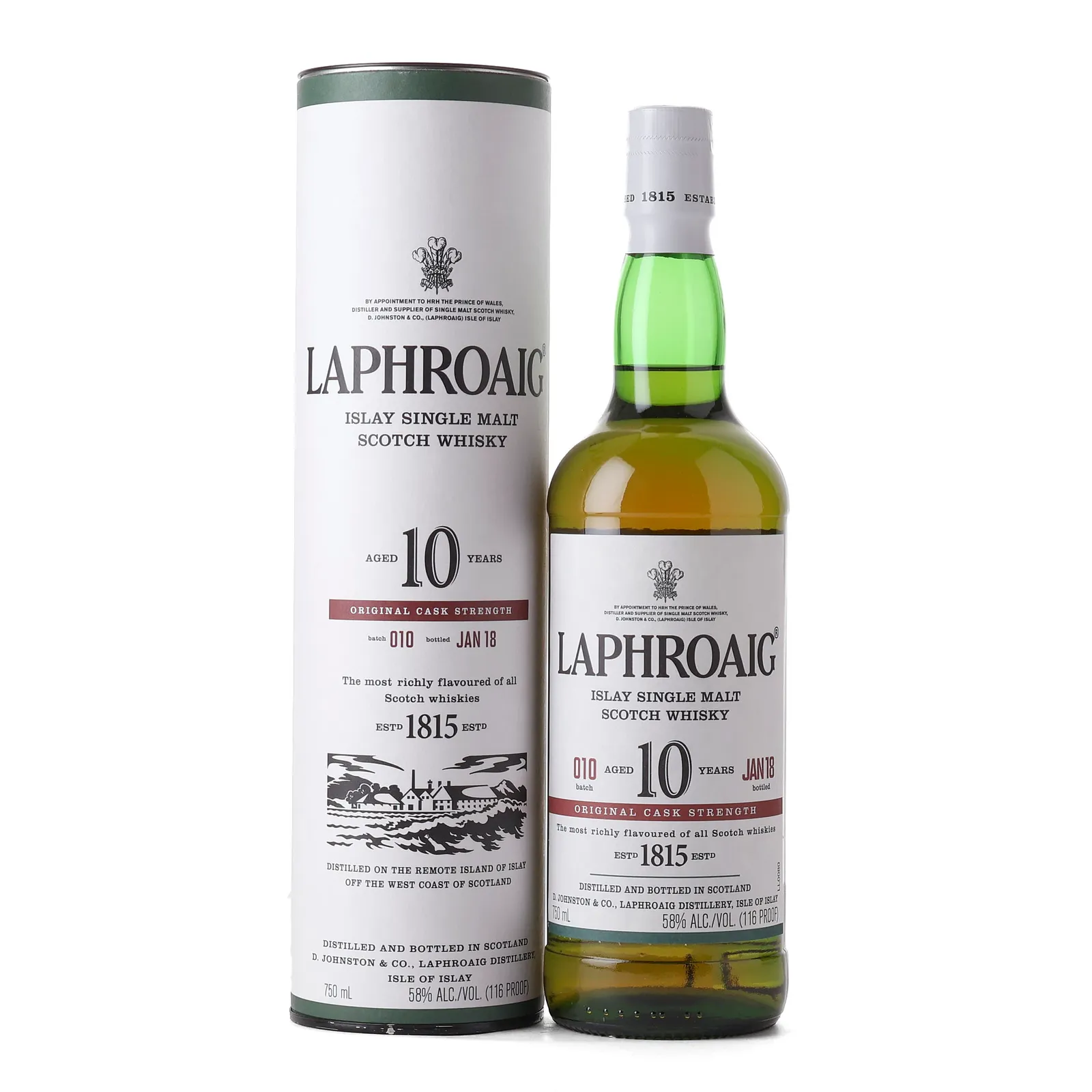 Laphroaig Original Cask Strength 10 Year Old, Batch No. 010, 2018, 58% whisky bottle