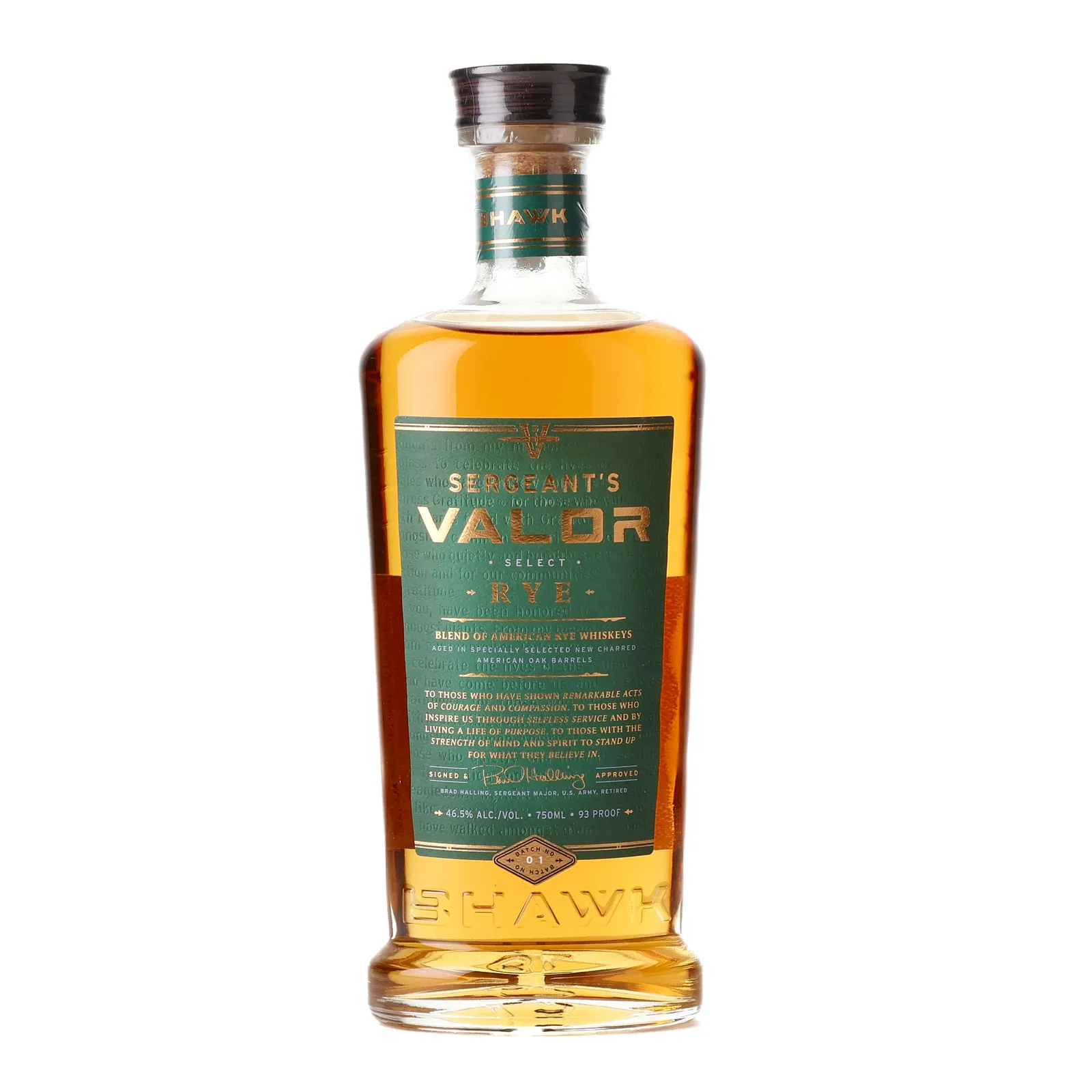 BHAWK Sergeant's Valor Select Rye, Batch No. 01, 46.5% whisky bottle