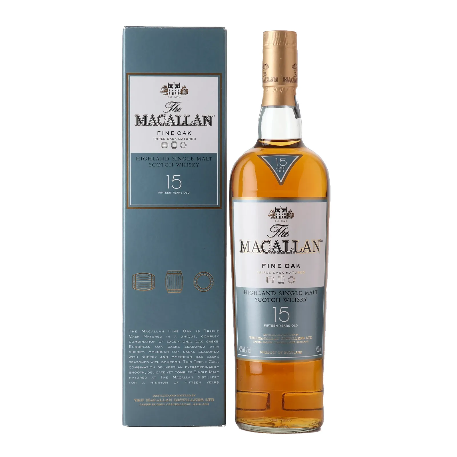 Macallan Fine Oak 15 Year Old, Sherry & Bourbon Cask, 43%, 75cl whisky bottle
