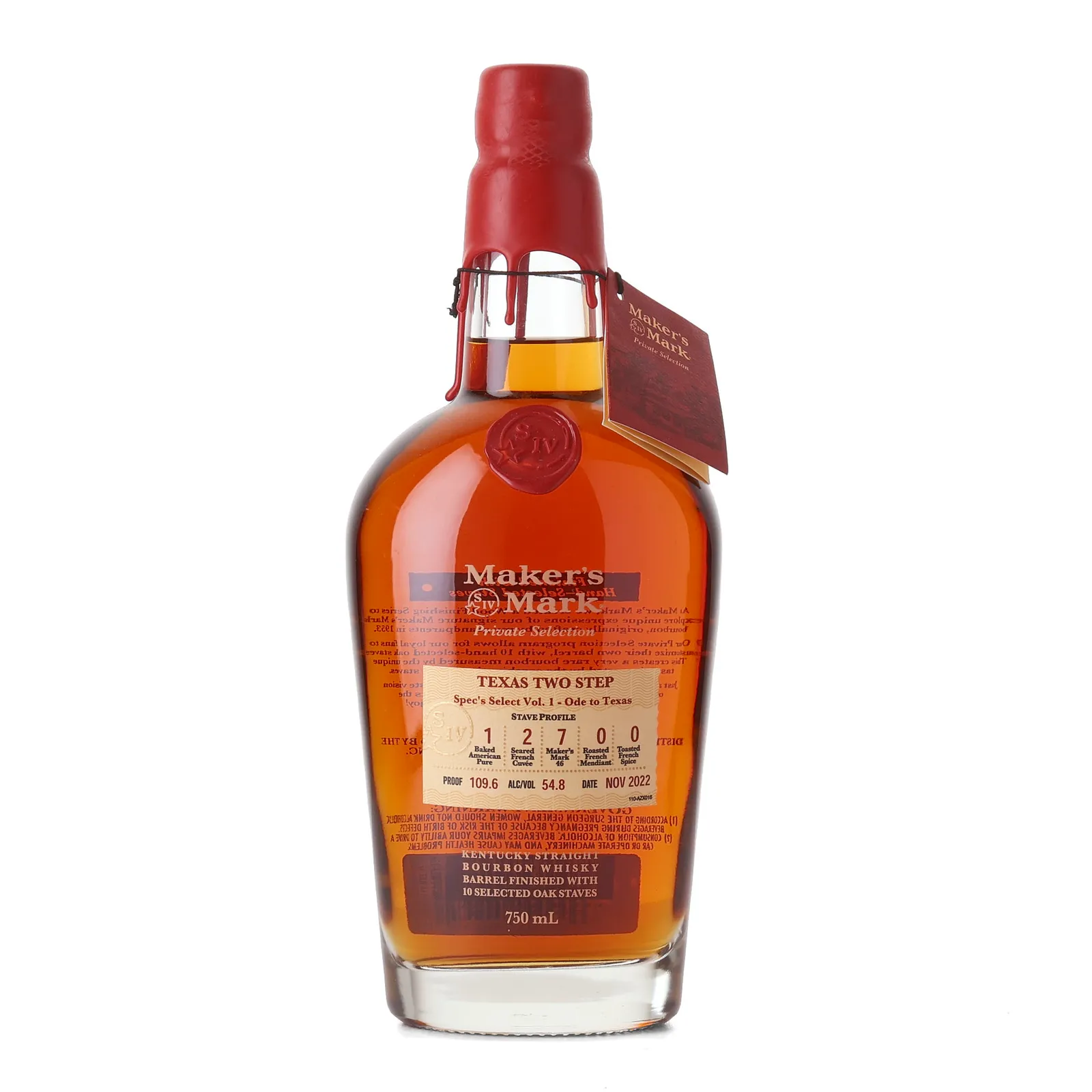 Maker's Mark Private Barrel Selection 'Texas Two Step' Spec's Select Vol. 1 - Ode to Texas, Stave Finished, Stave Profile 1 2 7 0 0, 2022, 54.8% whisky bottle