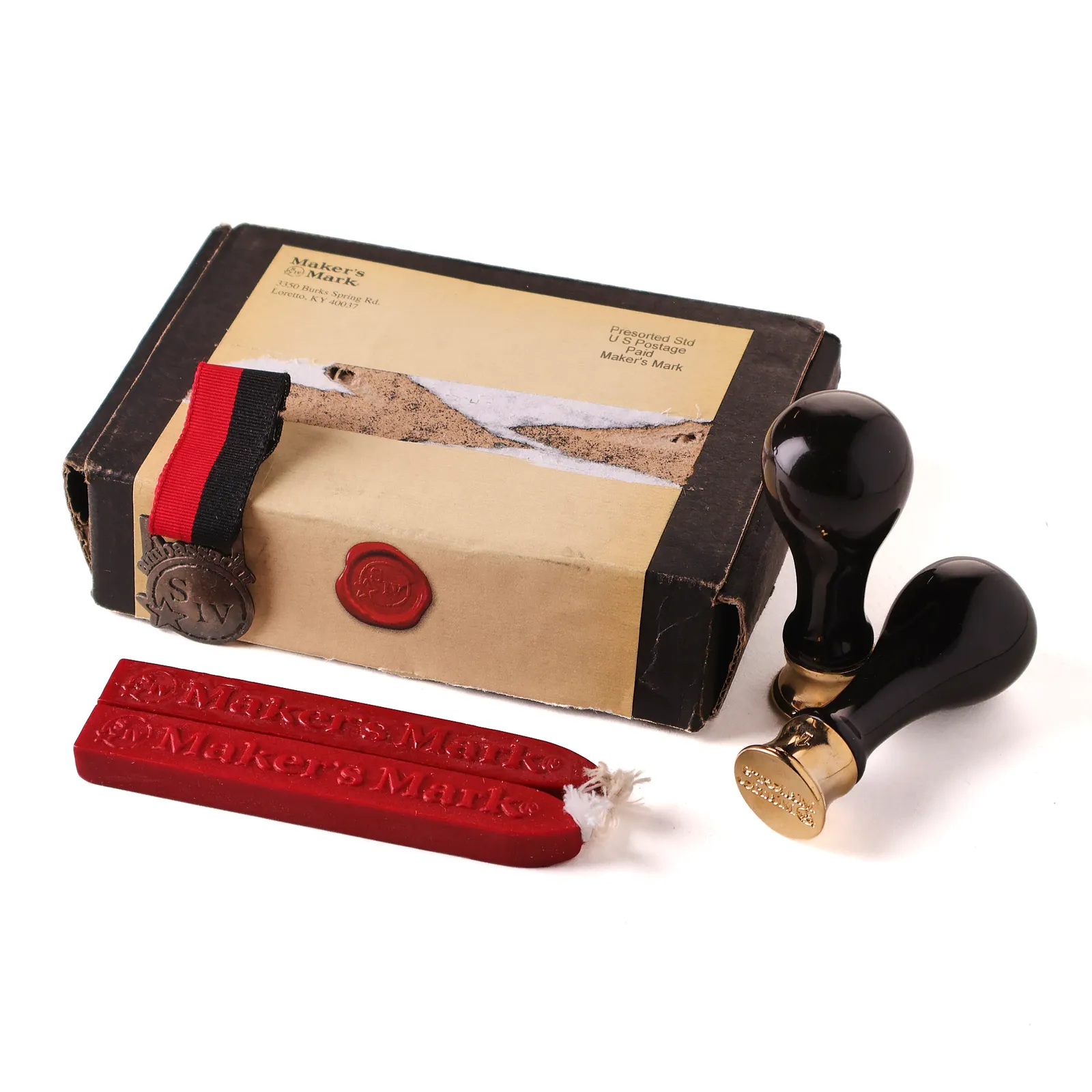Maker's Mark Wax Seal Stamp Set & Ambassador Pin whisky bottle