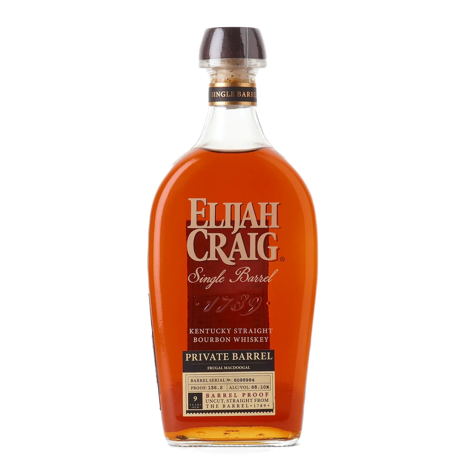 Elijah Craig Barrel Proof 'Frugal McDoogal' Private Barrel Selection 9 Year Old, New Charred Oak Cask, Cask #6098984, 68.1% whisky bottle