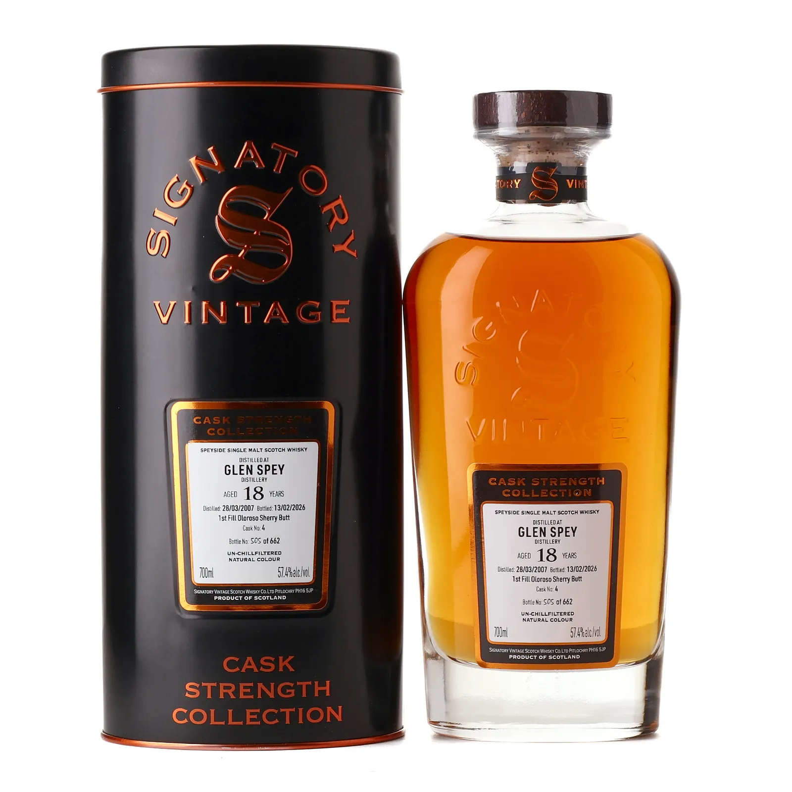 Glen Spey Cask Strength Collection 18 Year Old, Sherry Cask, Cask #4, 2007, Signatory Vintage, 57.4% whisky bottle