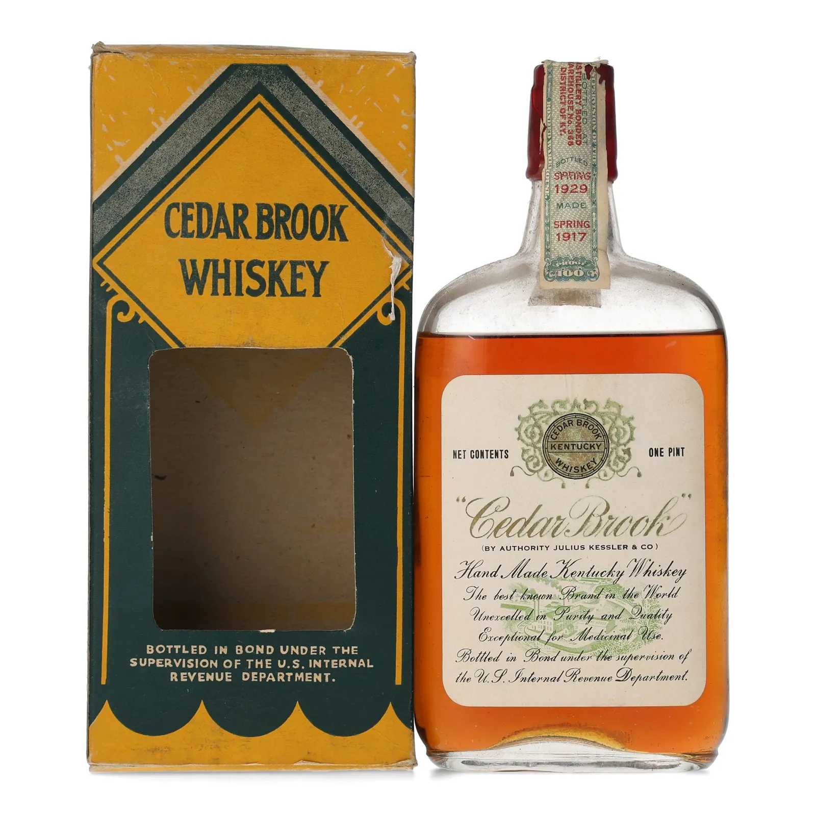 Cedar Brook Hand Made Kentucky Whiskey, 1929, 50% whisky bottle