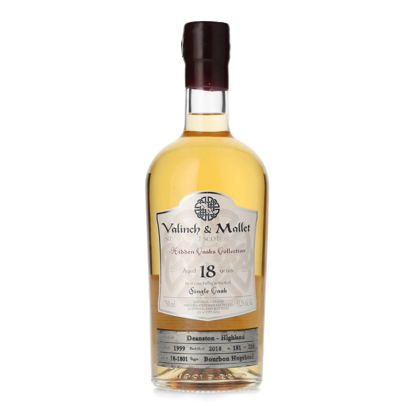 Deanston Hidden Cask Collection 18 Year Old, Bourbon Cask, Cask #18-1801, 1999, Valinch & Mallet, 53.2% whisky bottle