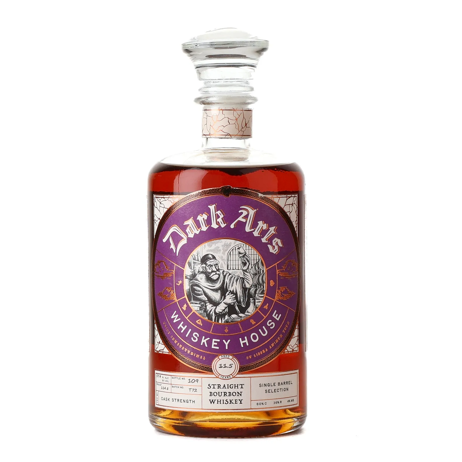 Dark Arts Whiskey House Straight Bourbon Whiskey Cask Strength Jacksonville Bourbon & Whiskey Society 11 Year Old, Batch No. T72, Dark Arts Whiskey House, 57.4% whisky bottle