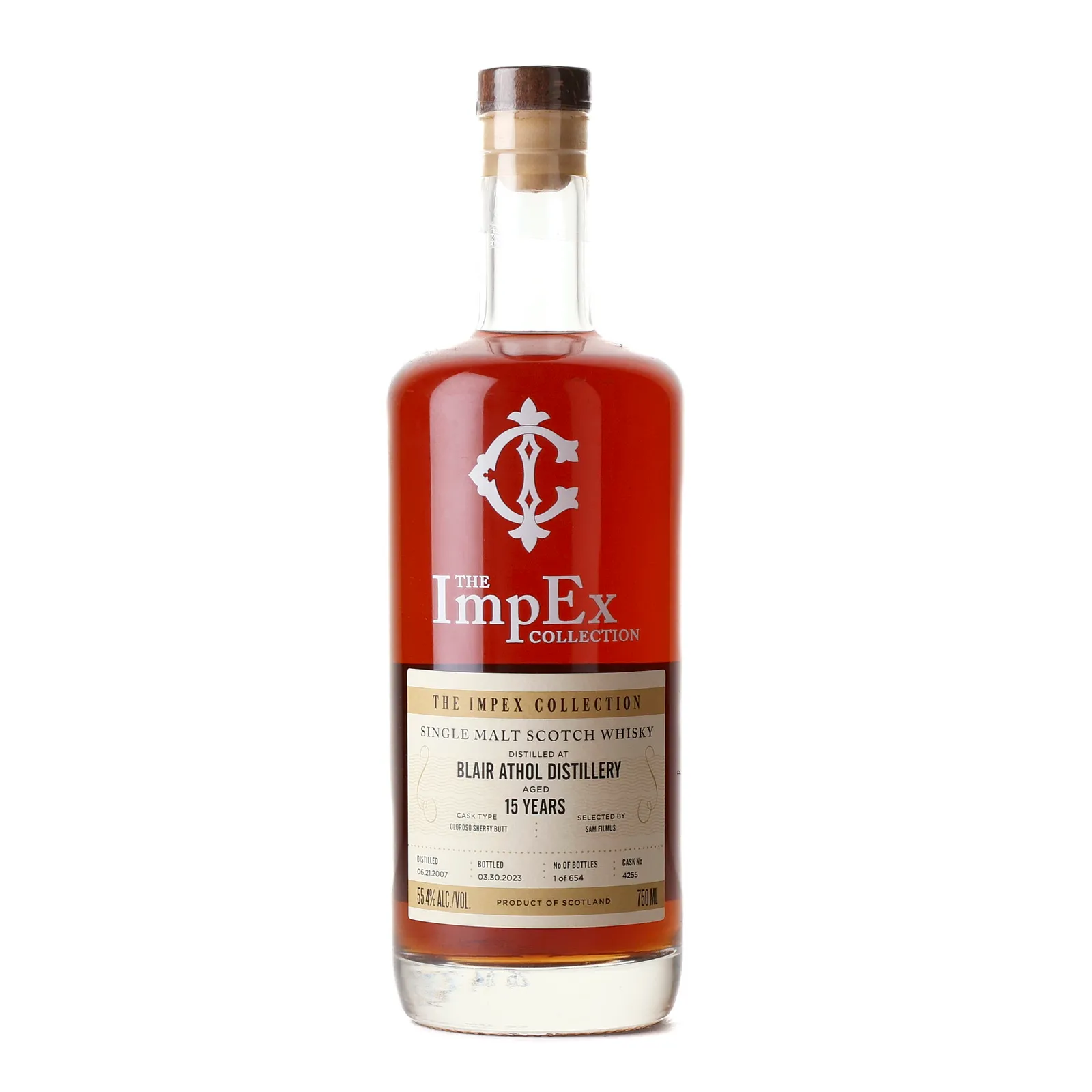 Blair Athol Private Barrel Selection 15 Year Old, Oloroso Sherry Cask, Cask #4255, 2007, The ImpEx Collection, 55.4% whisky bottle