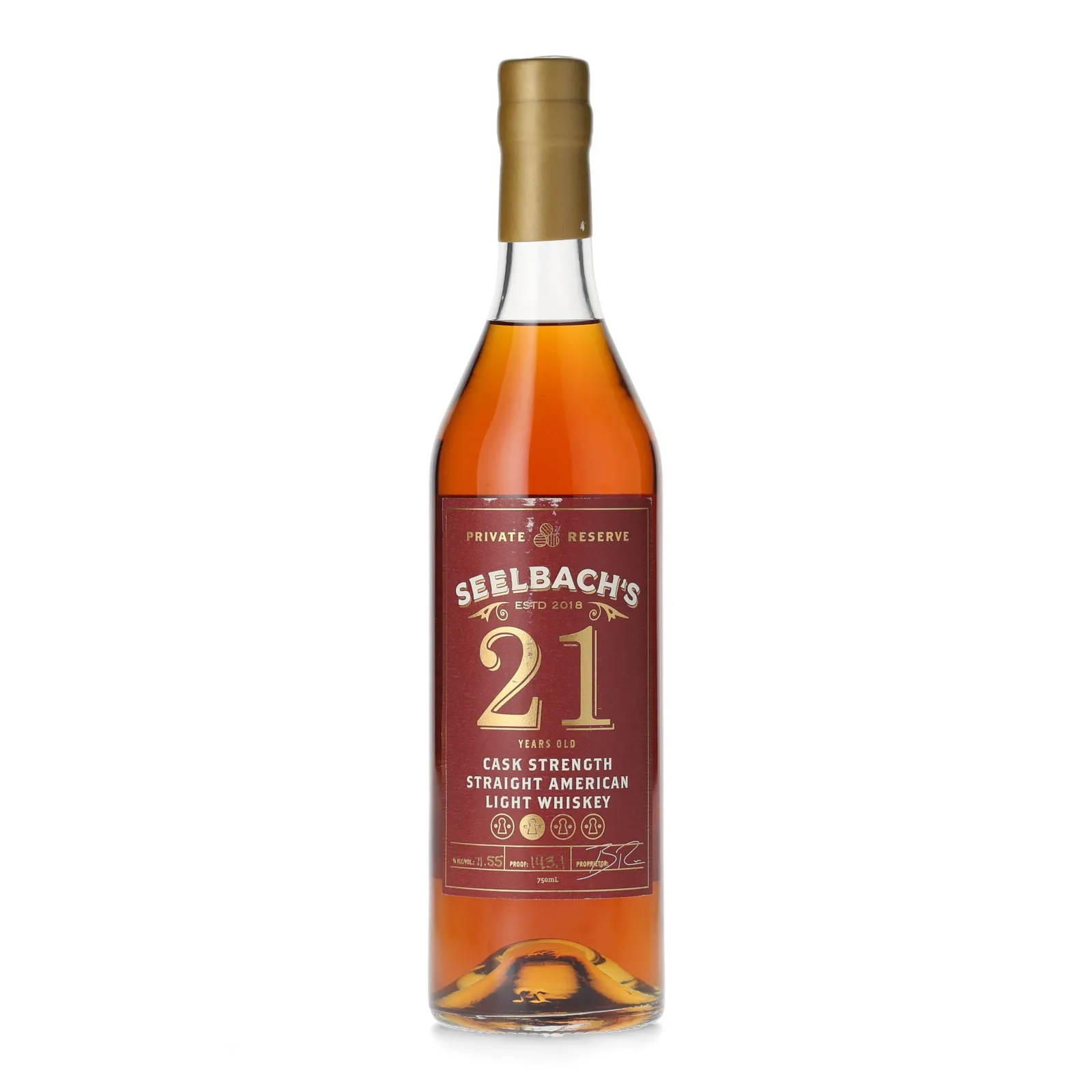 Seelbach's Private Reserve Cask Strength Straight American Light Whiskey 21 Year Old, Used Bourbon Cask, Batch No. 001, Manifest Distilling, 71.55% whisky bottle