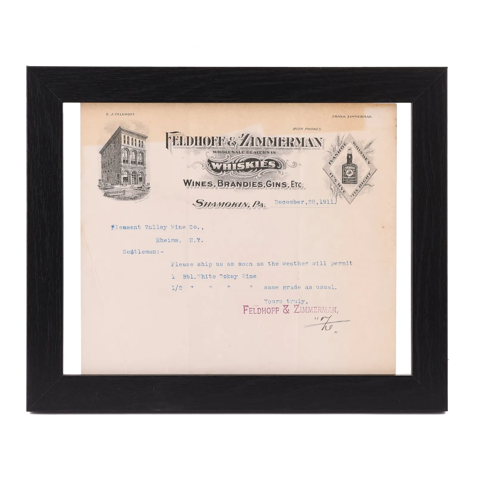 Feldhoff & Zimmerman Whiskey Ephemera, 1911