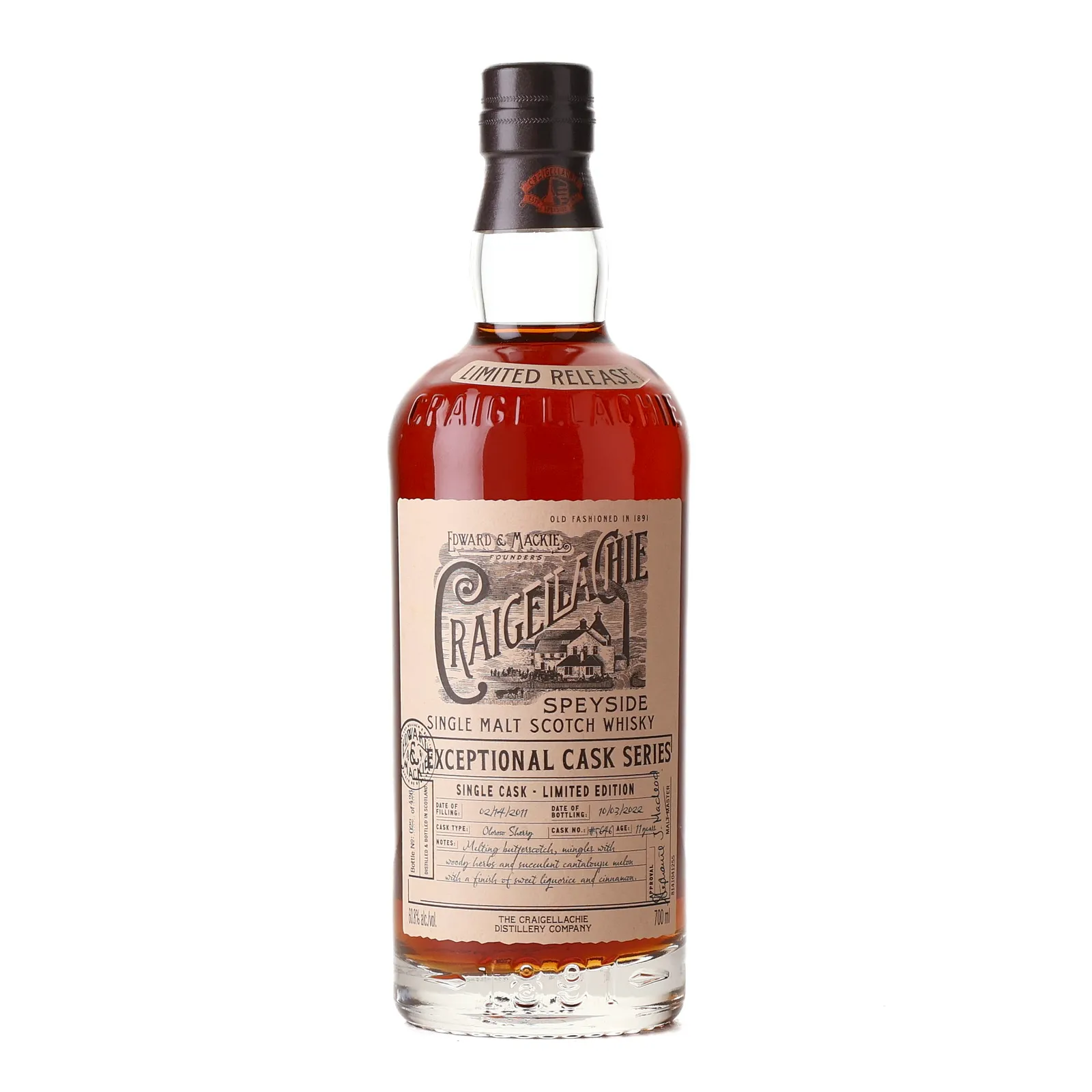 Craigellachie Exceptional Cask Series 11 Year Old, Sherry Cask, Cask #5646, 2022, 60.8% whisky bottle