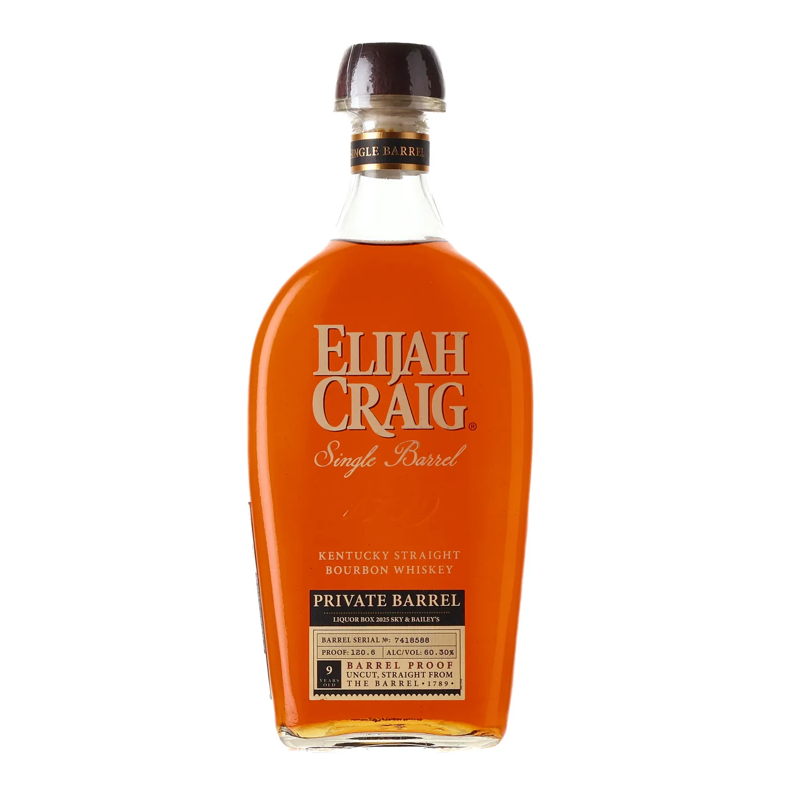Elijah Craig Barrel Proof Private Barrel Selection 'Liquor Box' 9 Year Old, New Charred Oak Cask, Cask #7418588, 2025, 60.3% whisky bottle