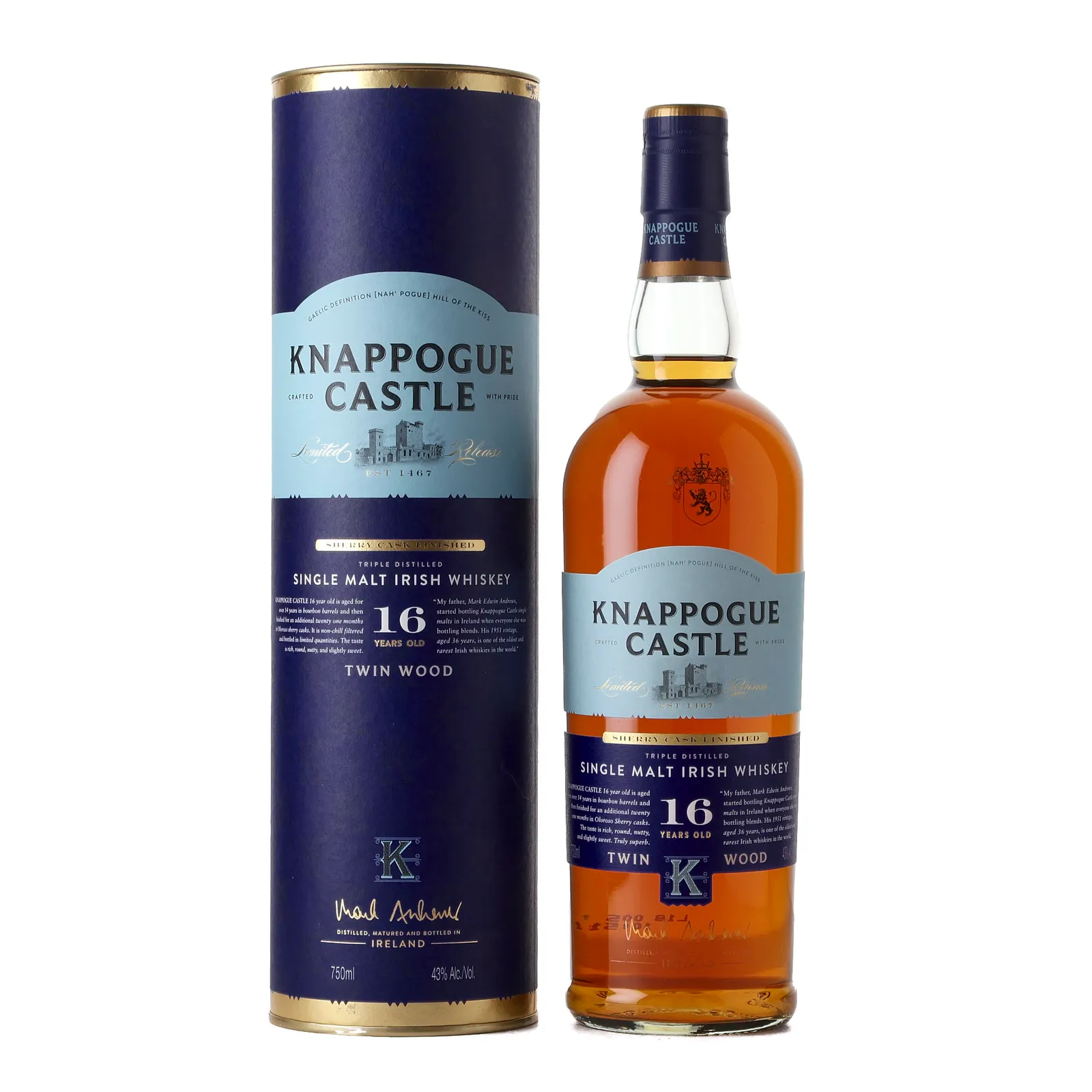 Knappogue Castle Twin Wood 16 Year Old, Bourbon & Sherry Cask, 43% whisky bottle