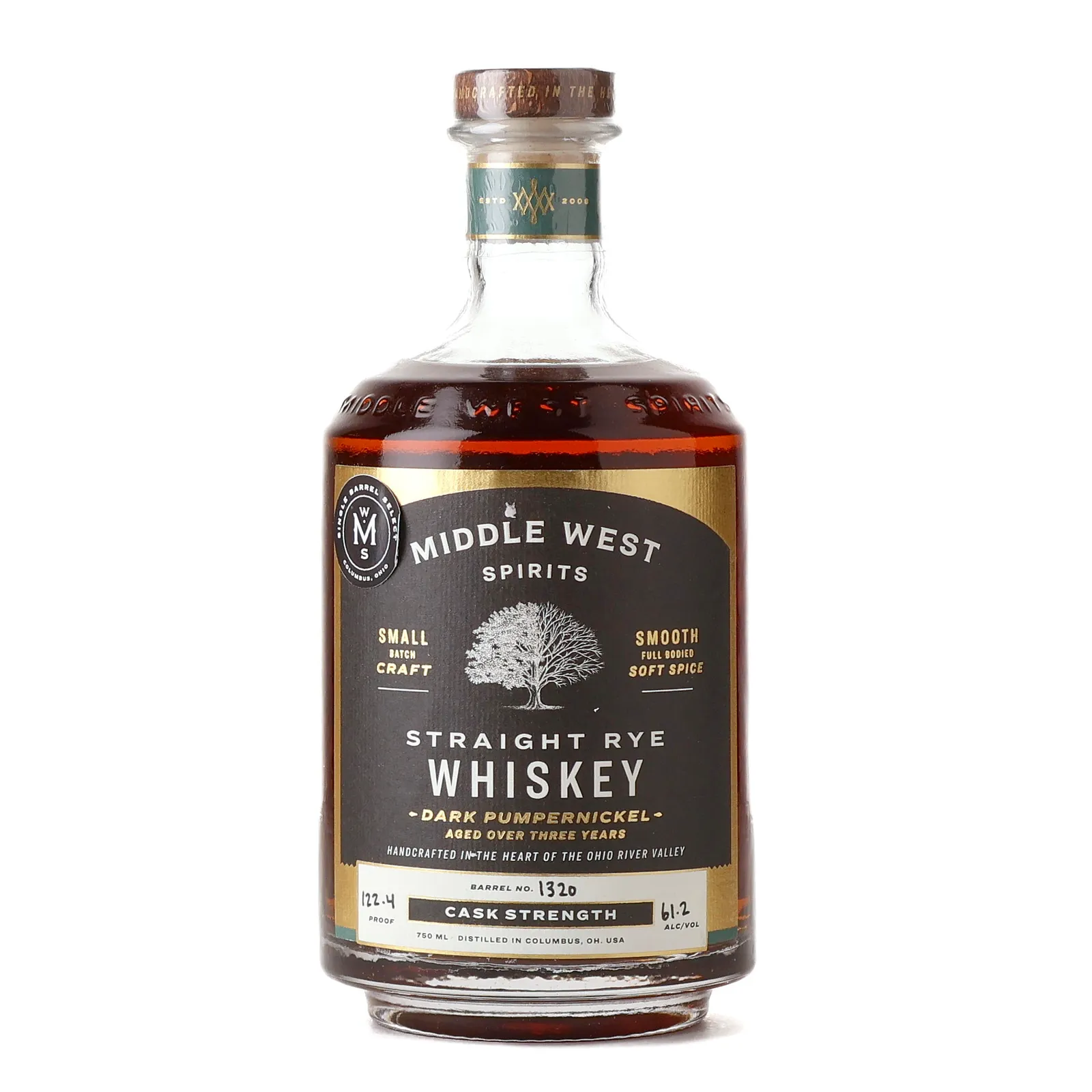Middle West Spirits Dark Pumpernickel Cask Strength Straight Rye Whiskey 3 Year Old, Oak Cask, Cask #1320, 61.2% whisky bottle