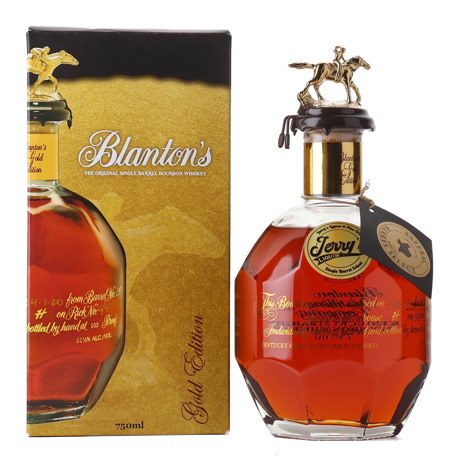 Blanton's Gold Edition Bourbon, New Charred Oak Cask, Cask #75, Letter S, Jerry's Liquor, 51.5% whisky bottle