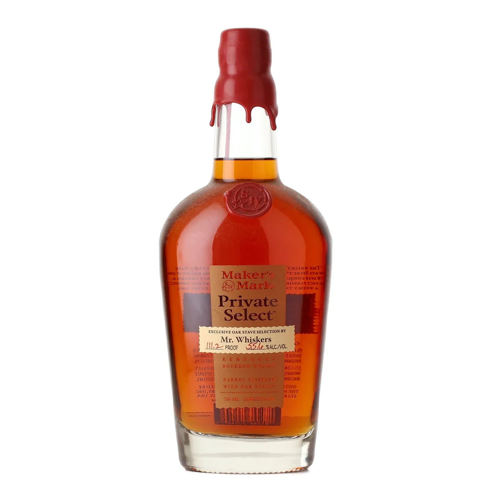 Maker's Mark Private Select 'Mr. Whiskers', New Charred Oak Cask, finished with Baked American Pure 2, Seared French Cuvée, Maker's 46, Toasted French Spice & Roasted French Mocha Staves, 55.6% whisky bottle