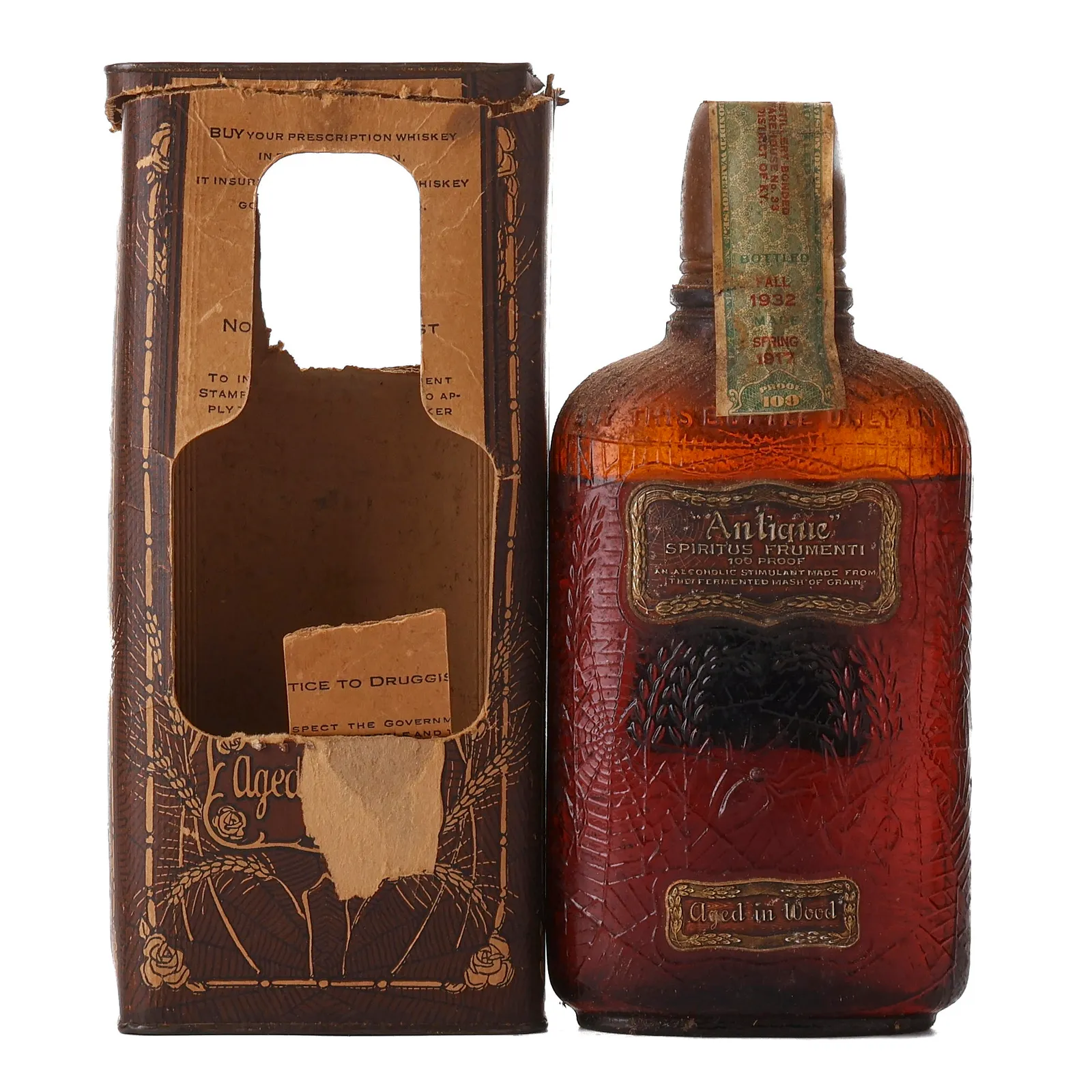 George T. Stagg Antique Spiritus Frumenti 16 Year Old, Wood Cask, 1917, 1932, 50% whisky bottle
