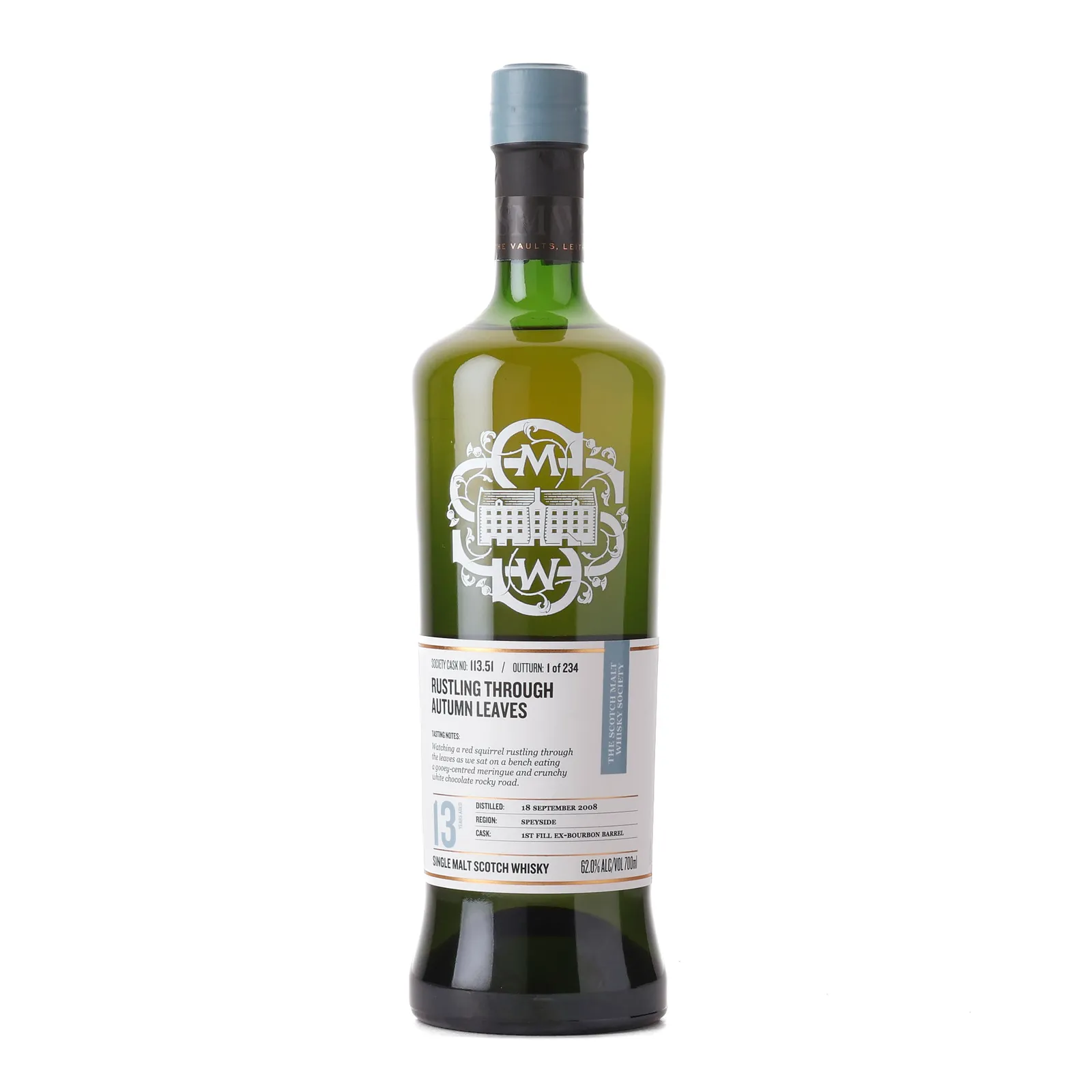 Braes of Glenlivet Rustling Through Autumn Leaves 13 Year Old, Bourbon Cask, Cask #113.51, 2008, The Scotch Malt Whisky Society, 62% whisky bottle