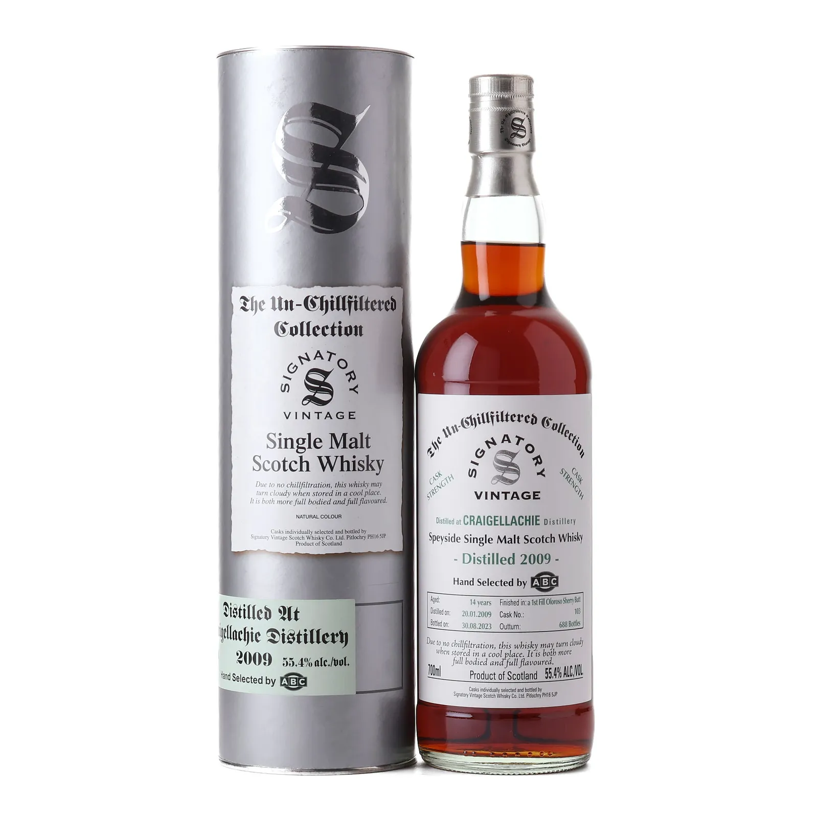 Craigellachie The Un-Chillfiltered Collection 14 Year Old, Oloroso Sherry Butt Cask, Cask #103, 2009, Signatory Vintage, 55.4% whisky bottle