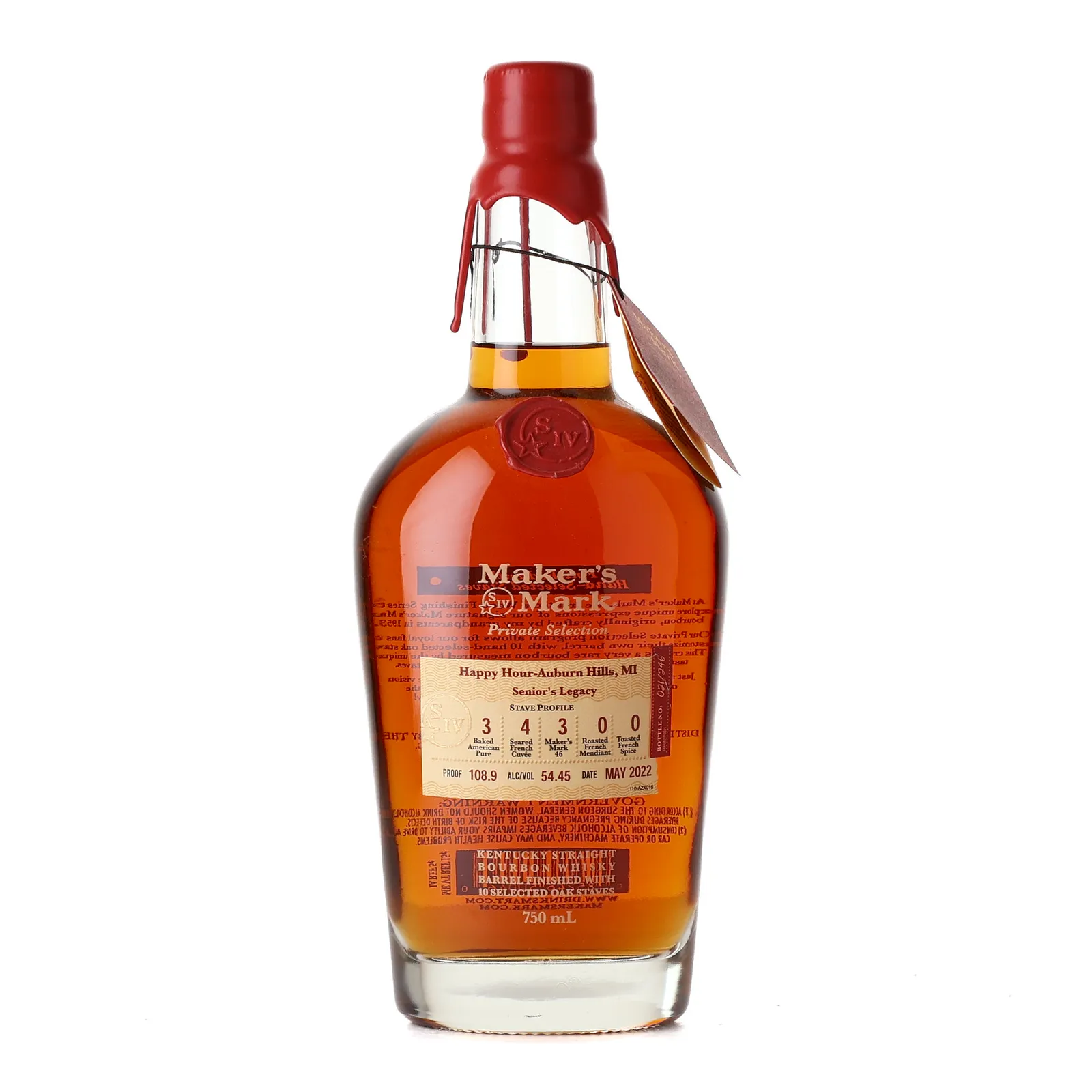 Maker's Mark Private Selection Happy Hour – Auburn Hills, MI Senior's Legacy, Bourbon Cask, 2022, 54.5% whisky bottle