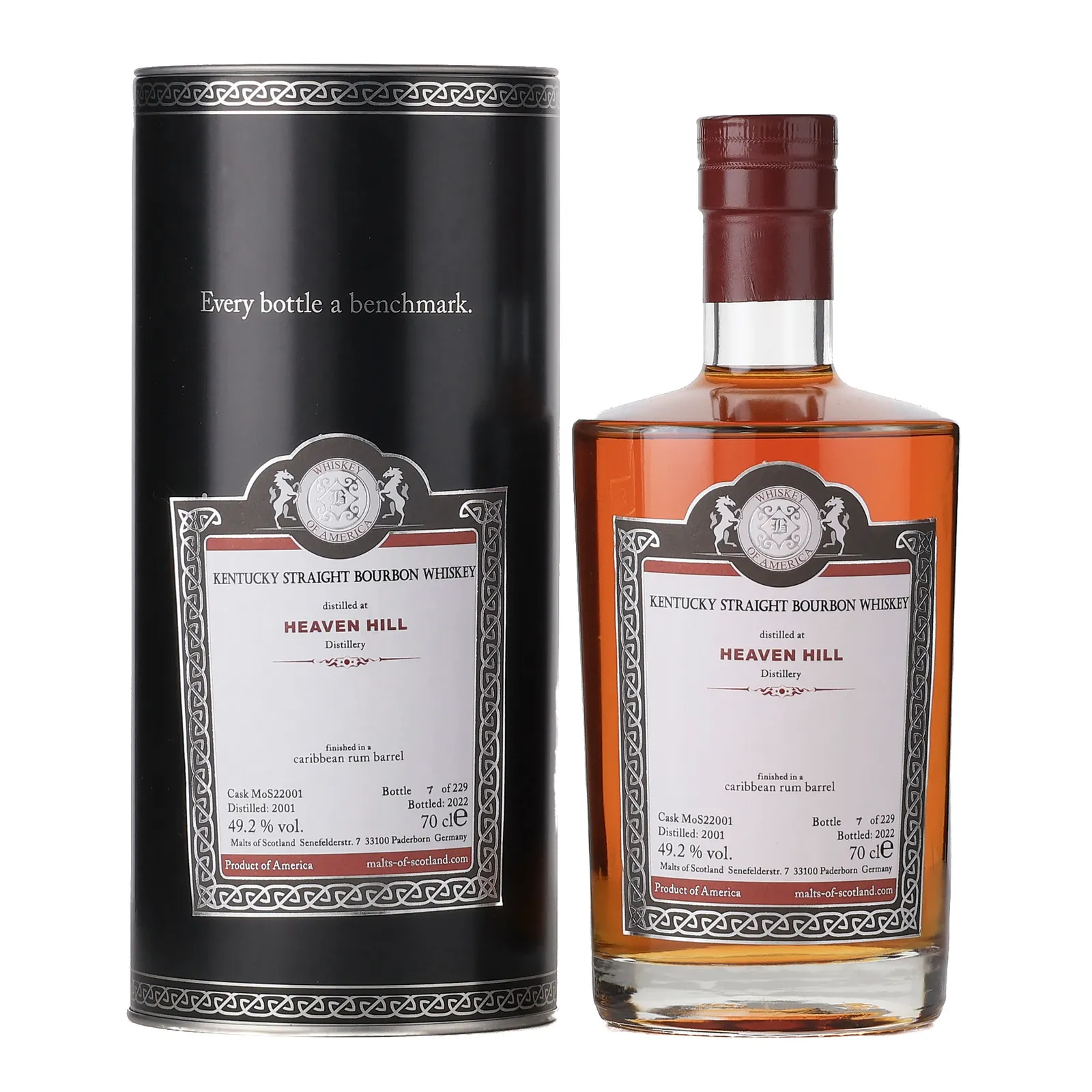 Heaven Hill Whiskey of America 21 Year Old, Rum Cask, Cask #MoS22001, 2001, Malts of Scotland, 49.2% whisky bottle