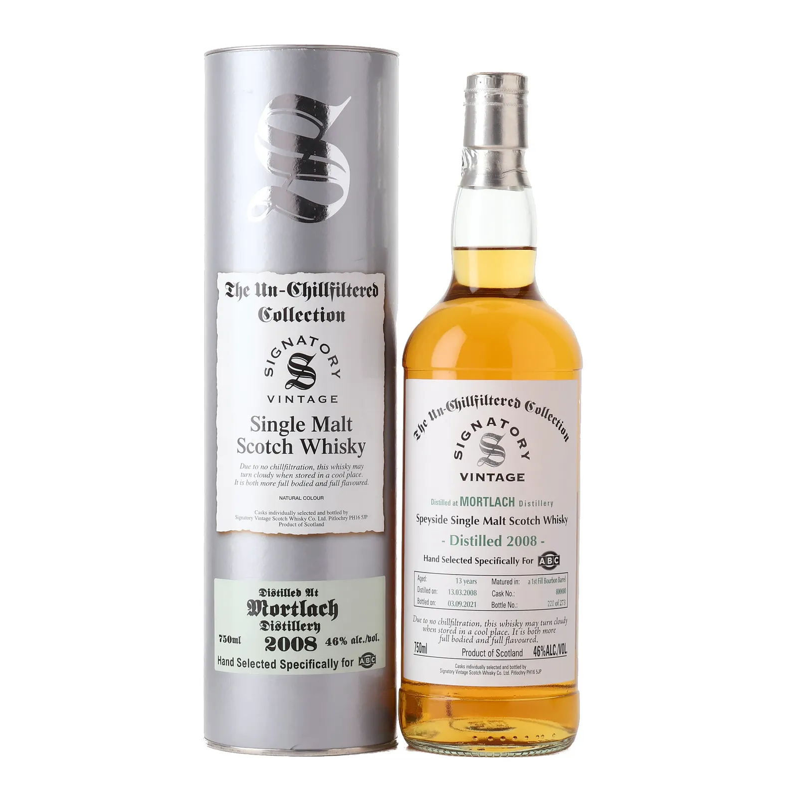 Mortlach The Un-Chillfiltered Collection 13 Year Old, First Fill Bourbon Cask, Cask #800080, 2021, Signatory Vintage, 46% whisky bottle