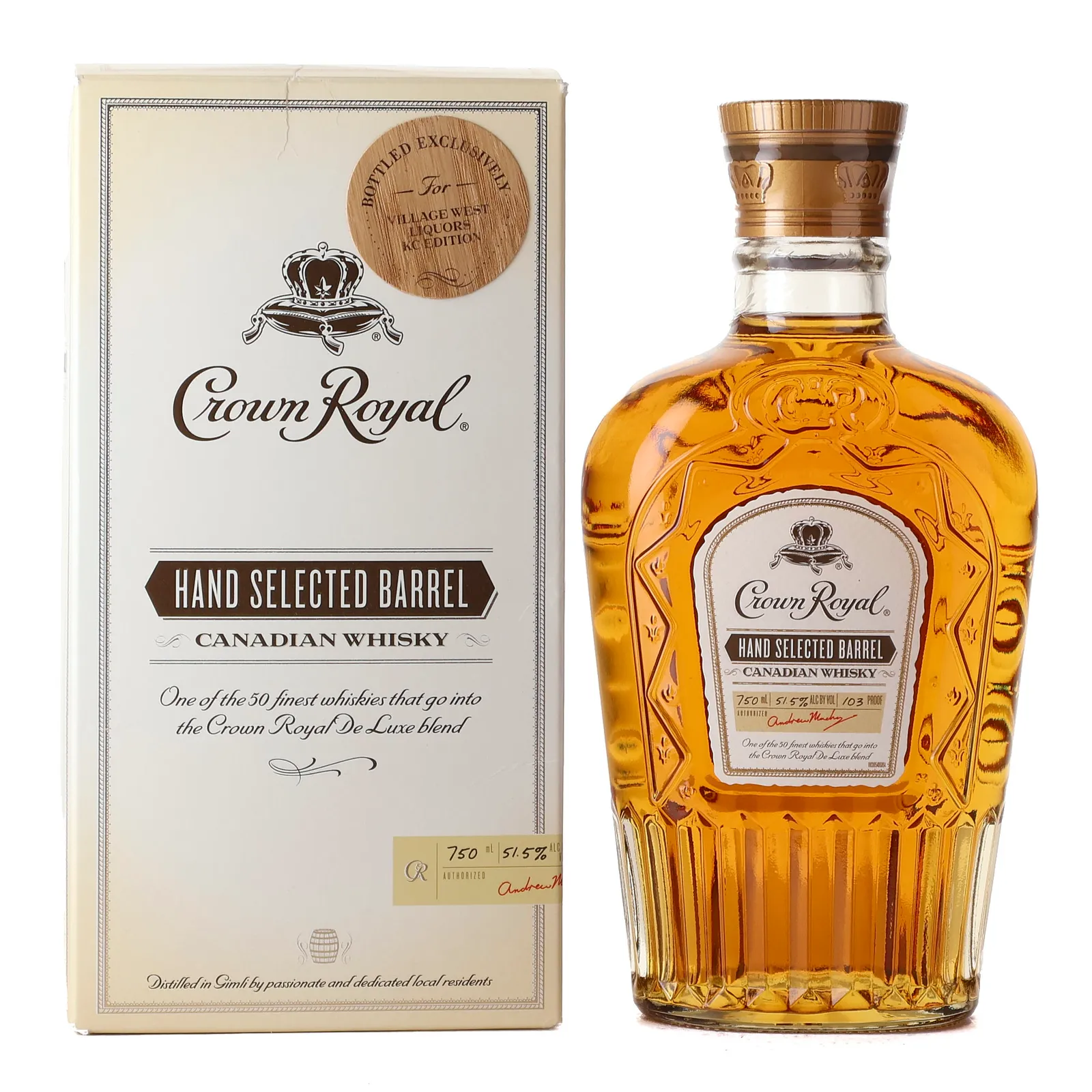 Crown Royal Hand Selected Barrel, New Charred Oak Cask, Village West Liquor KC Edition, 51.5% whisky bottle